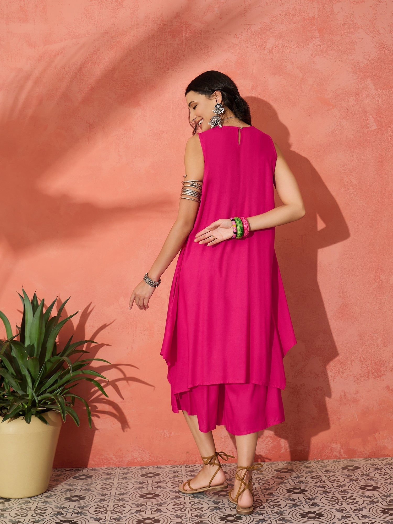 InWeave Fuchsia Short Kurta Palazzo Set - Swadesiicart
