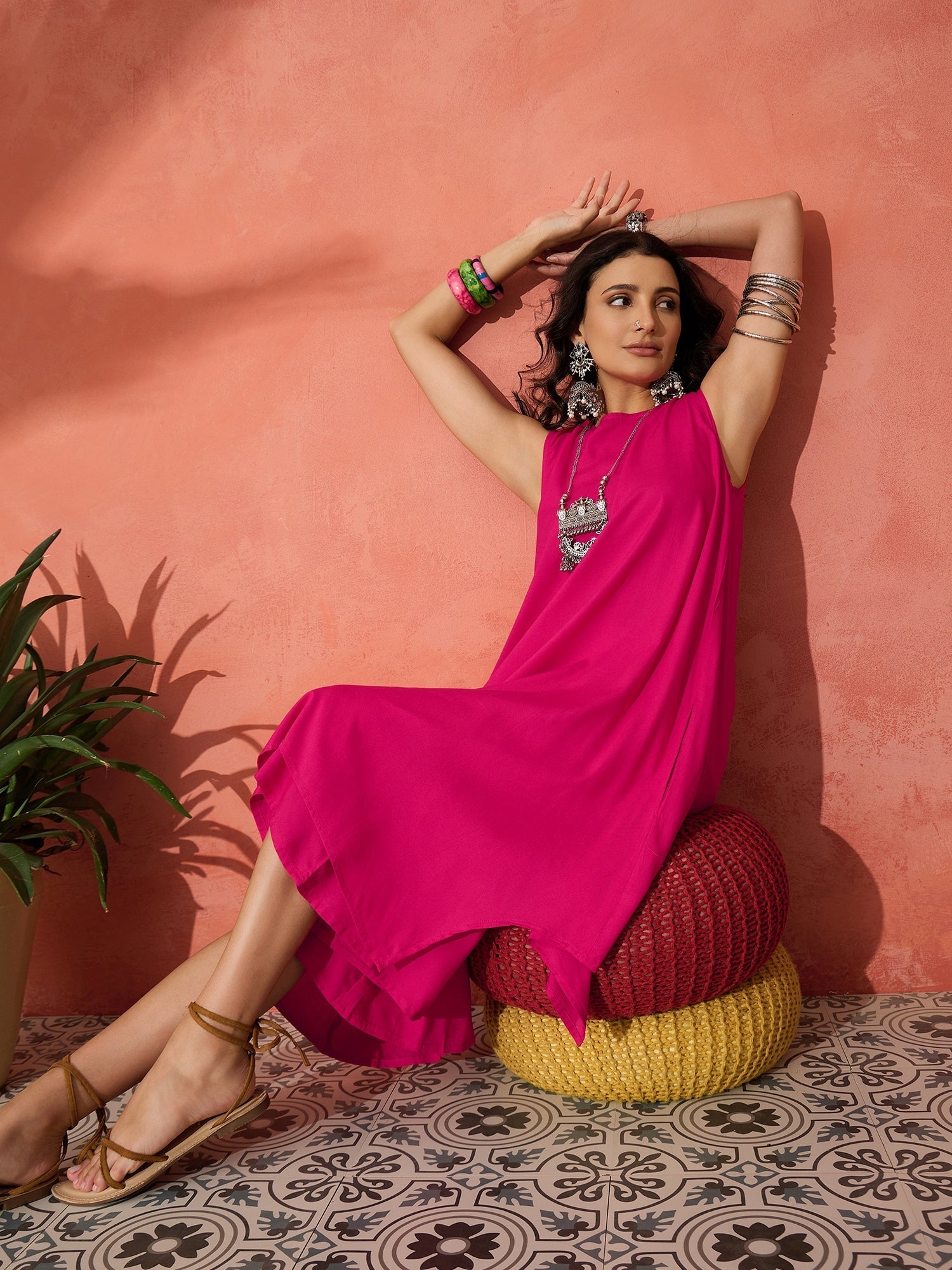 InWeave Fuchsia Short Kurta Palazzo Set - Swadesiicart