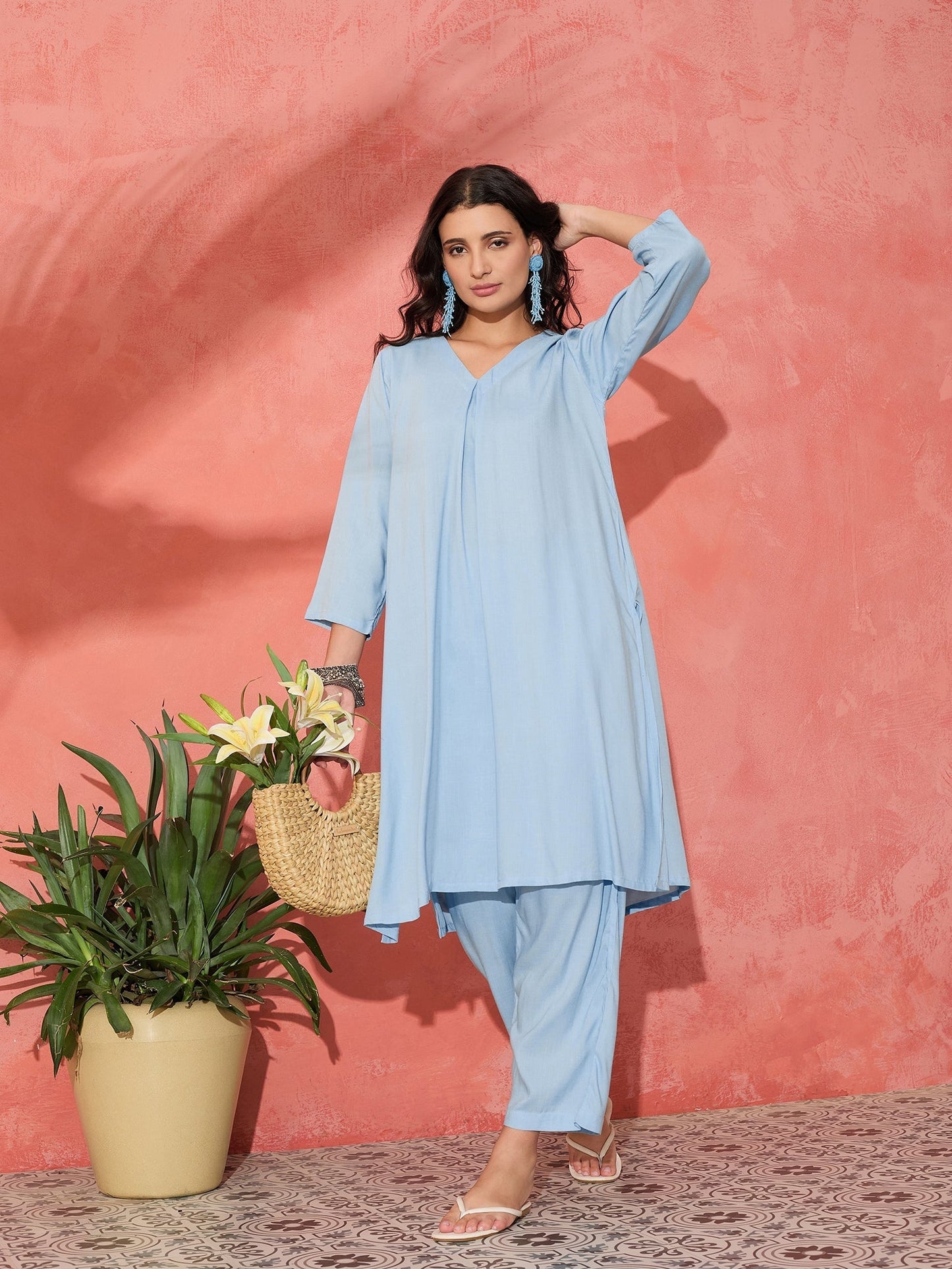InWeave Pastel Blue Solid V Neck Kurta Pant Set - Swadesiicart