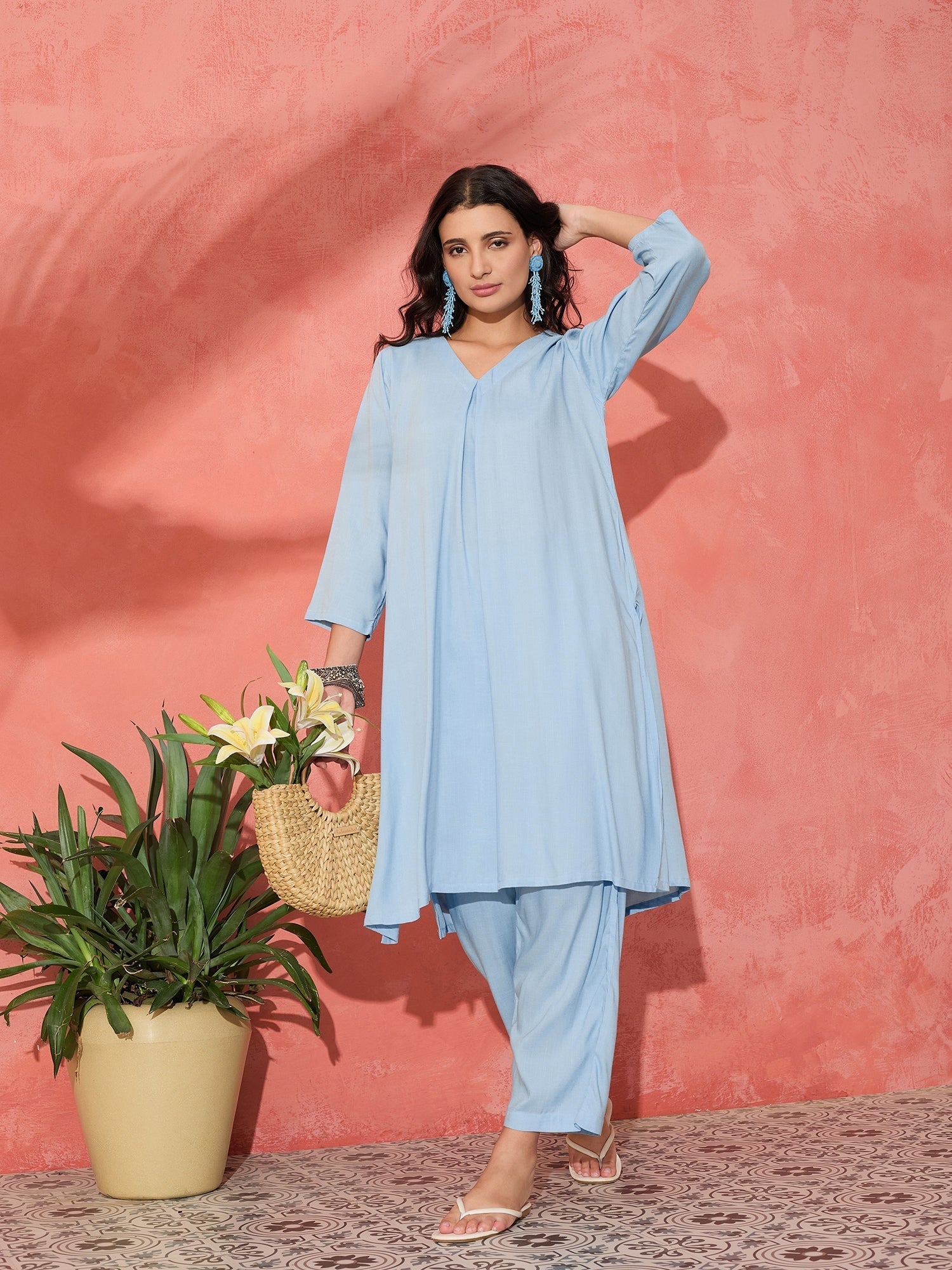 InWeave Pastel Blue Solid V Neck Kurta Pant Set - Swadesiicart