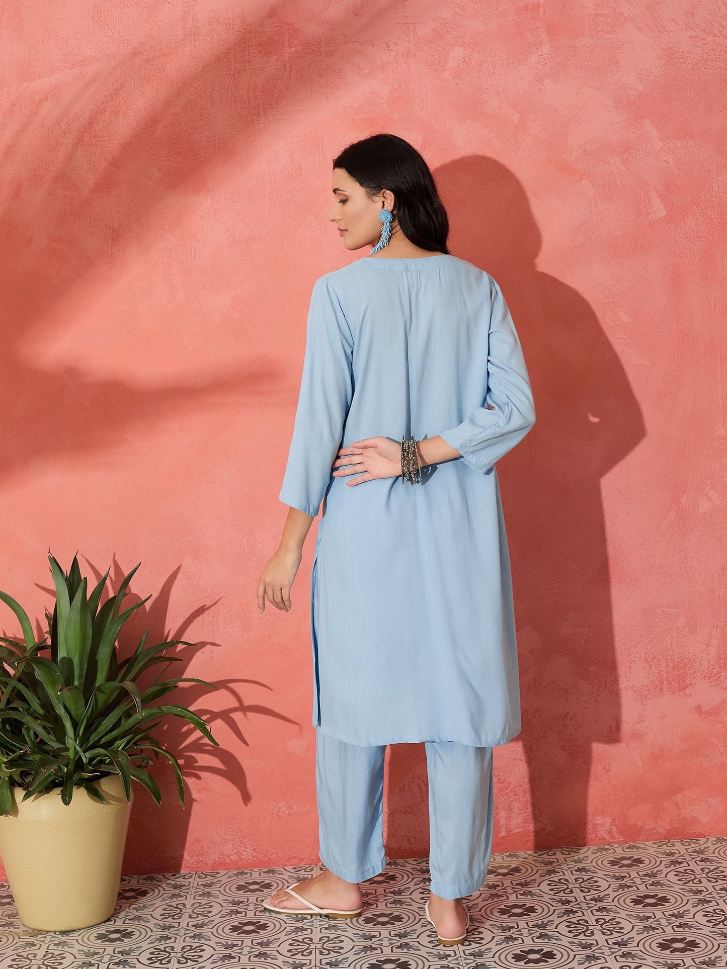 InWeave Pastel Blue Solid V Neck Kurta Pant Set - Swadesiicart