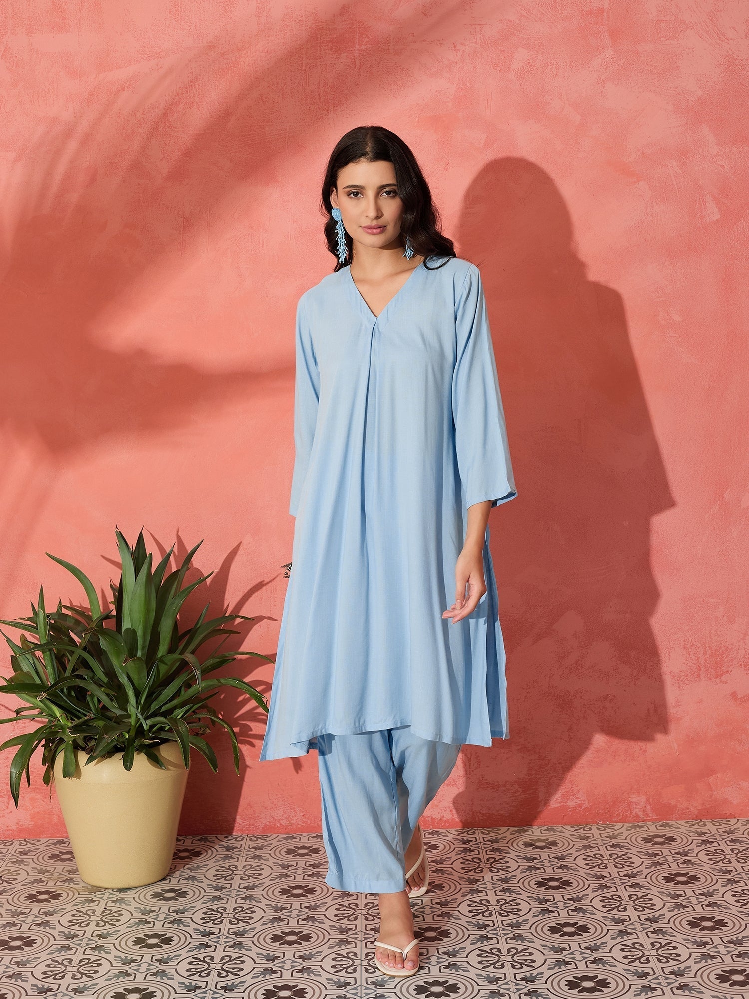 InWeave Pastel Blue Solid V Neck Kurta Pant Set - Swadesiicart