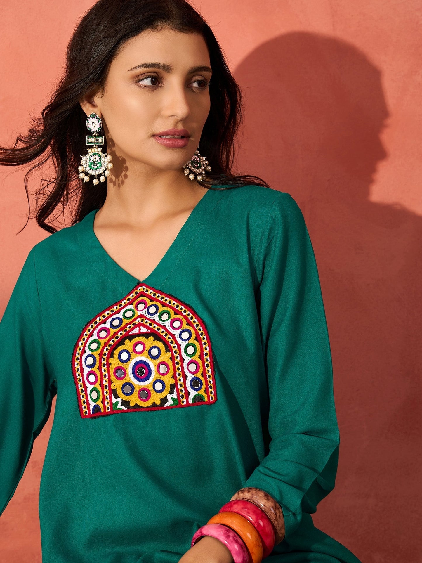 InWeave Teal Triangle Patch Kurta Set - Swadesiicart