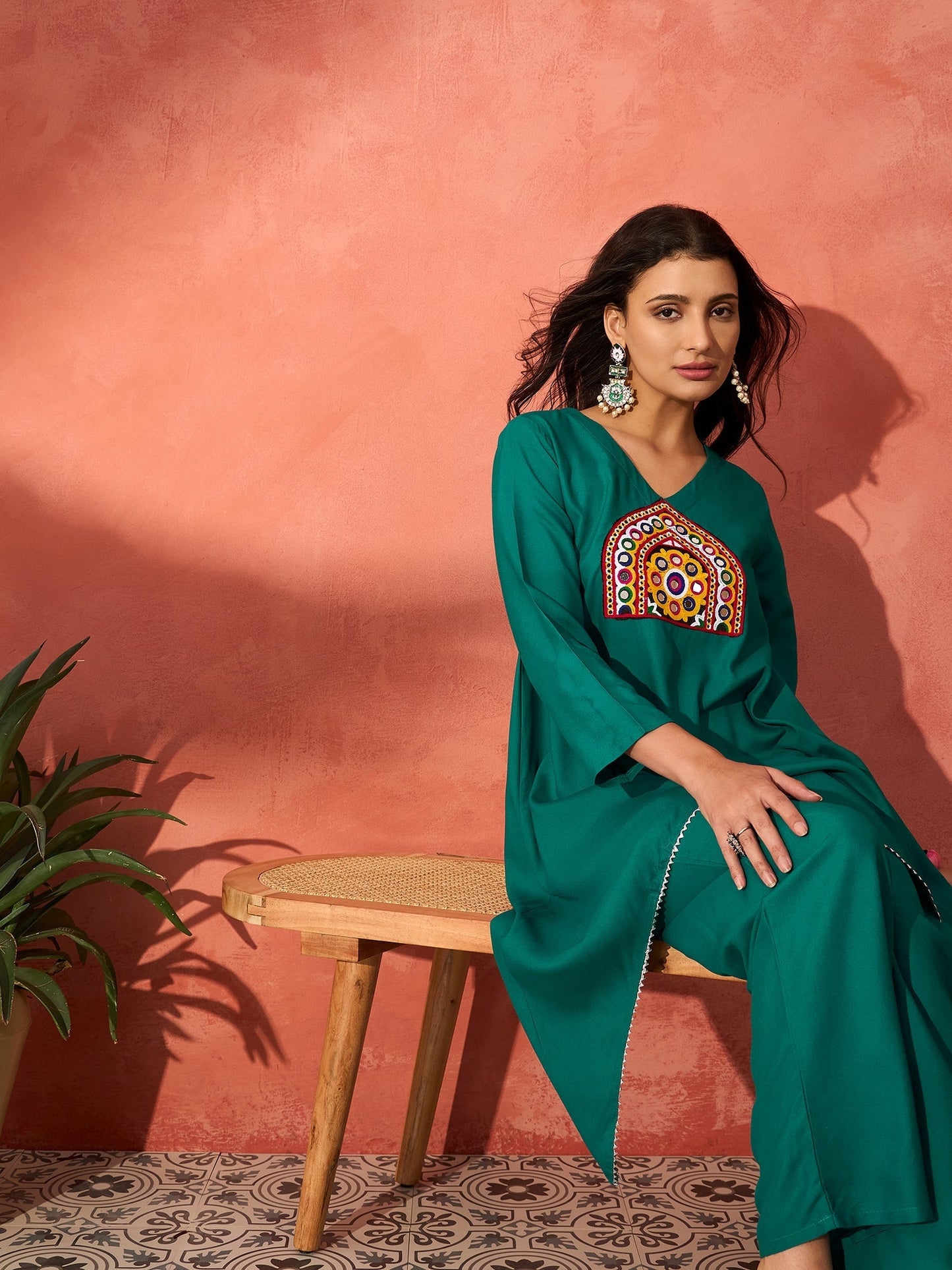 InWeave Teal Triangle Patch Kurta Set - Swadesiicart