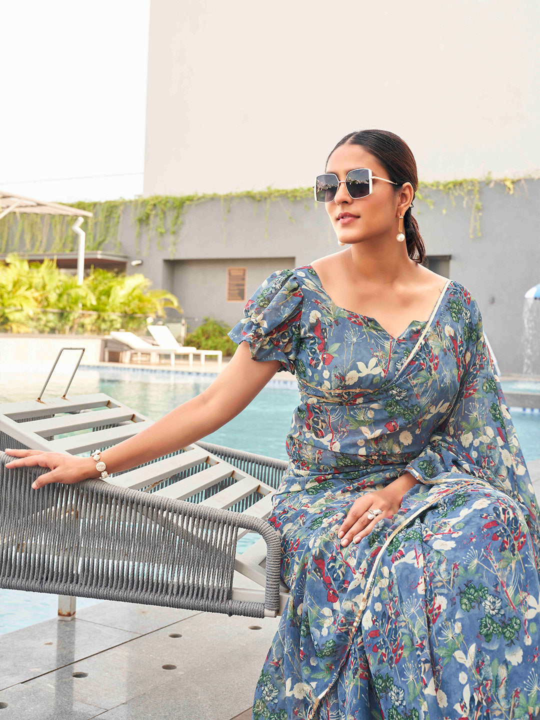 Tikhi Imli Floral printed ruffled saree | Swadesiicart