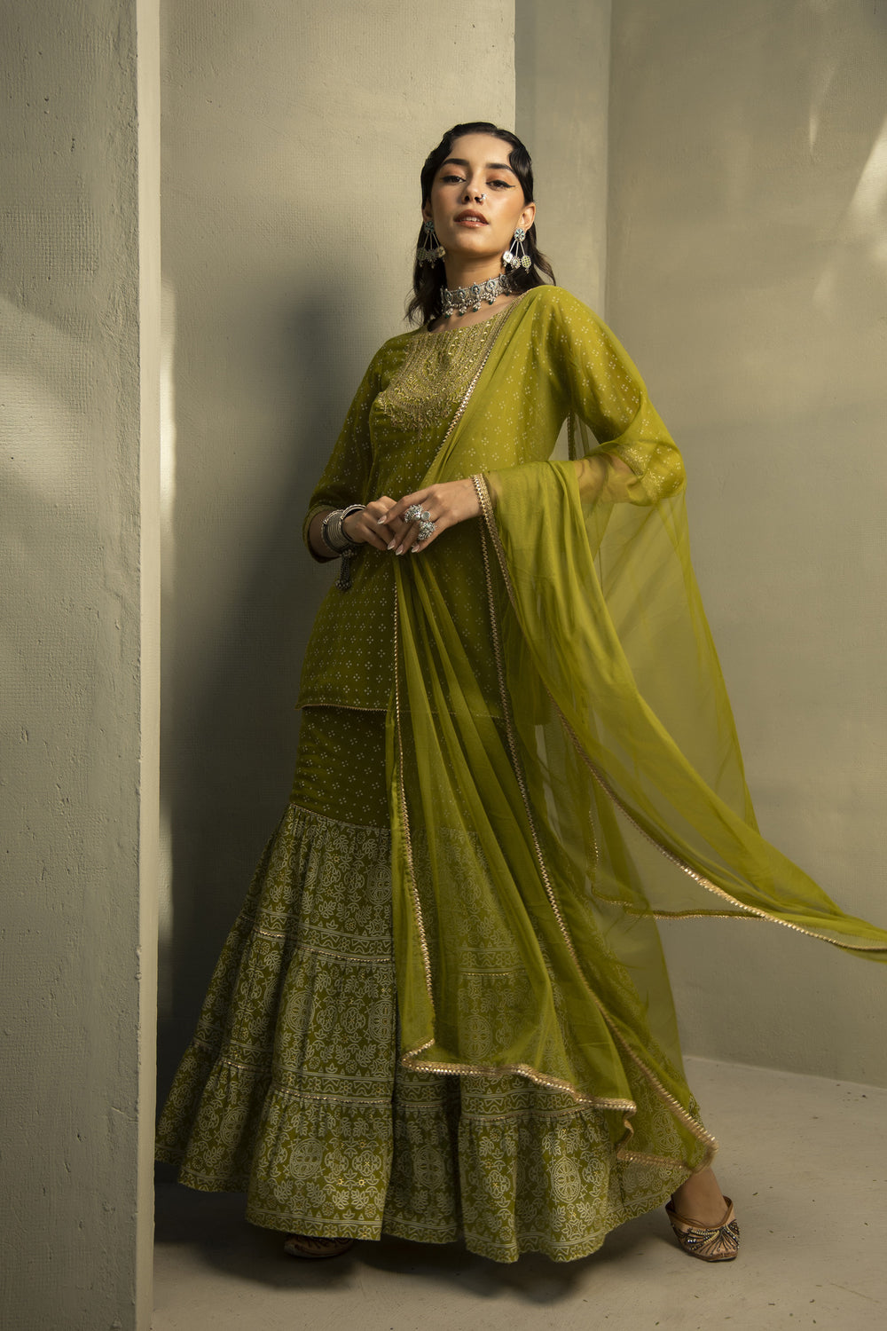 Juniper Green Georgette Festive Embroidered Printed Straight Skd For Women | Swadesiicart