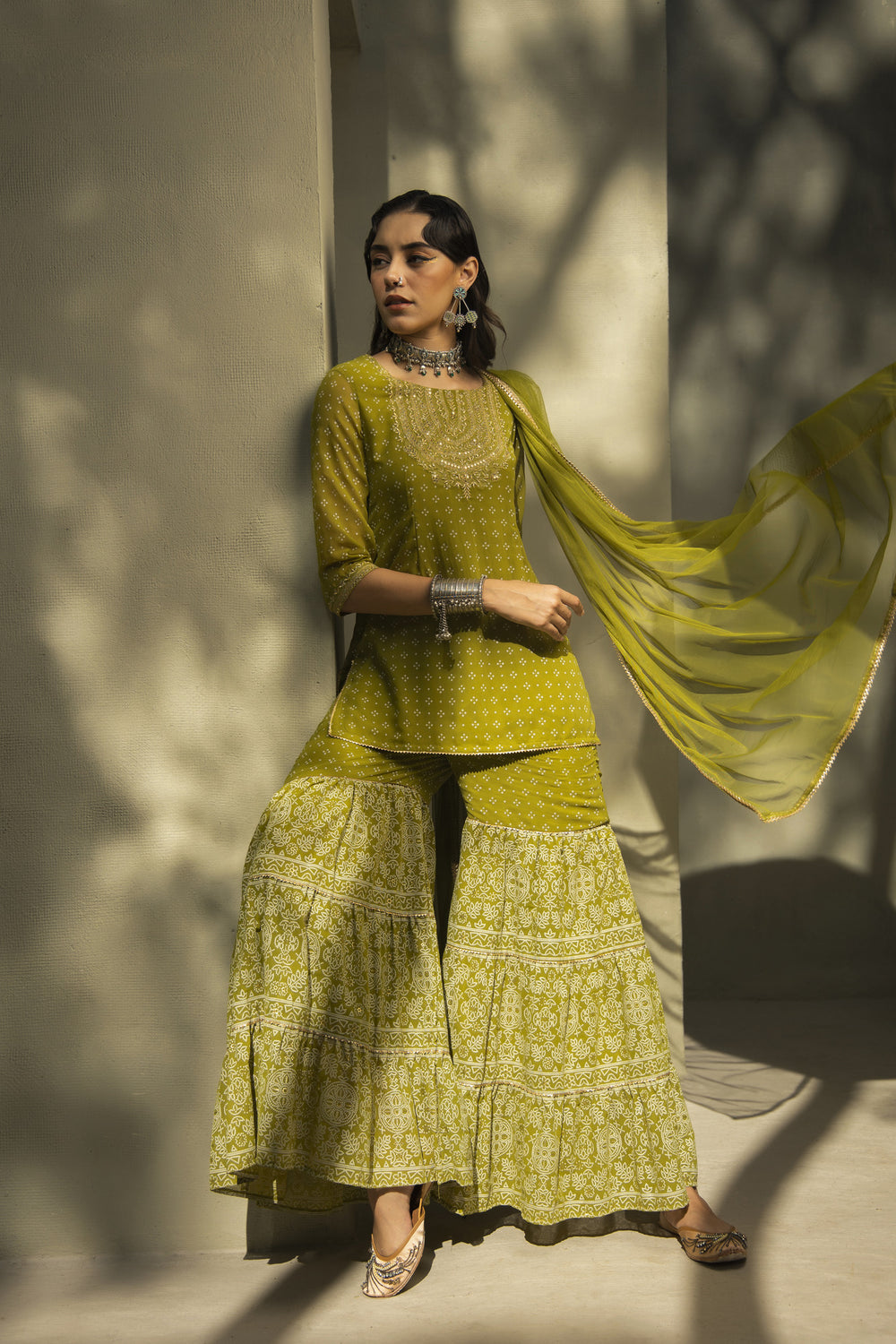 Juniper Green Georgette Festive Embroidered Printed Straight Skd For Women | Swadesiicart