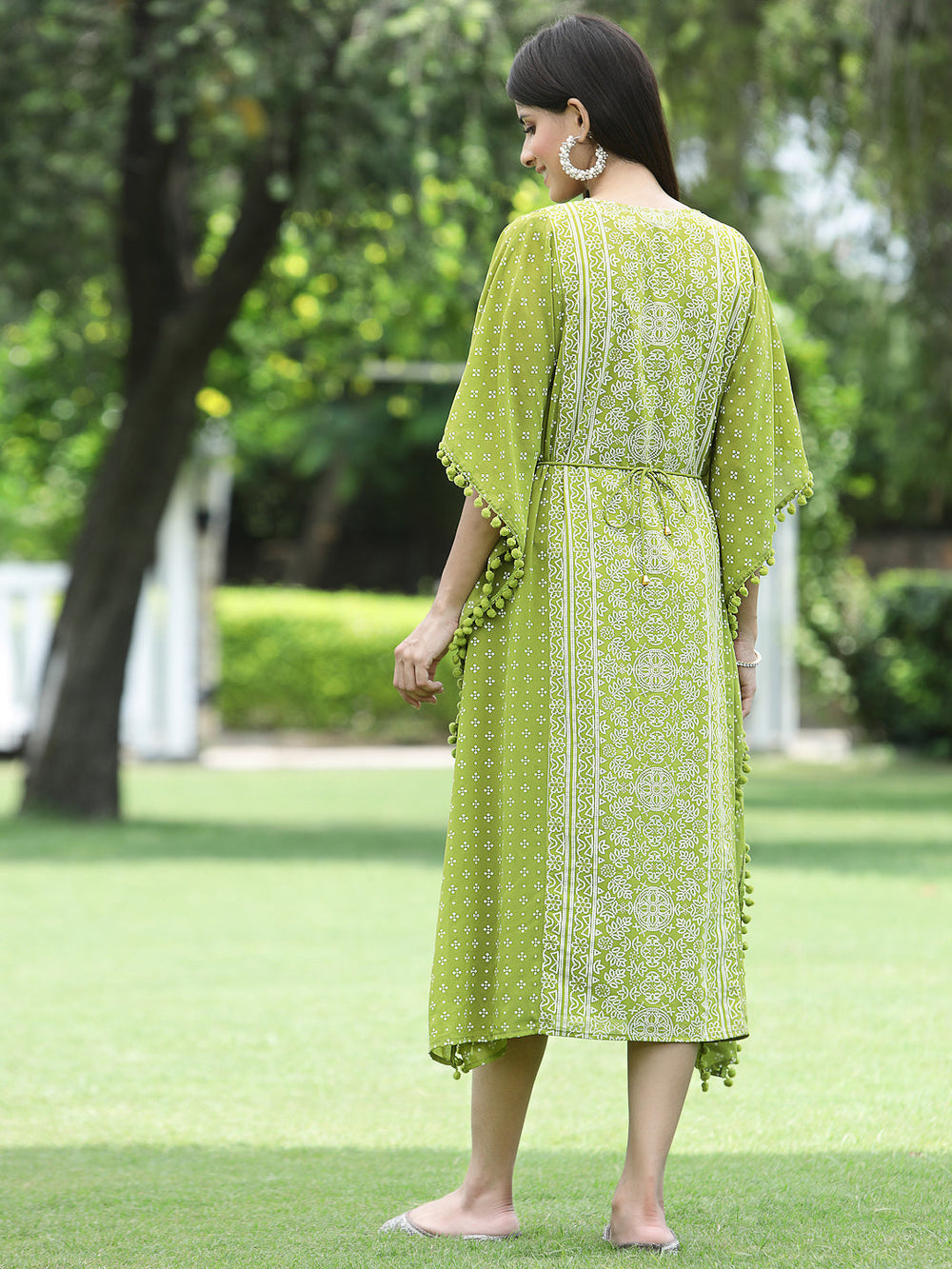 Indian Clothing Juniper Green Georgette Festive Bandhej Printed Straight Kaftan For Women | Swadesiicart
