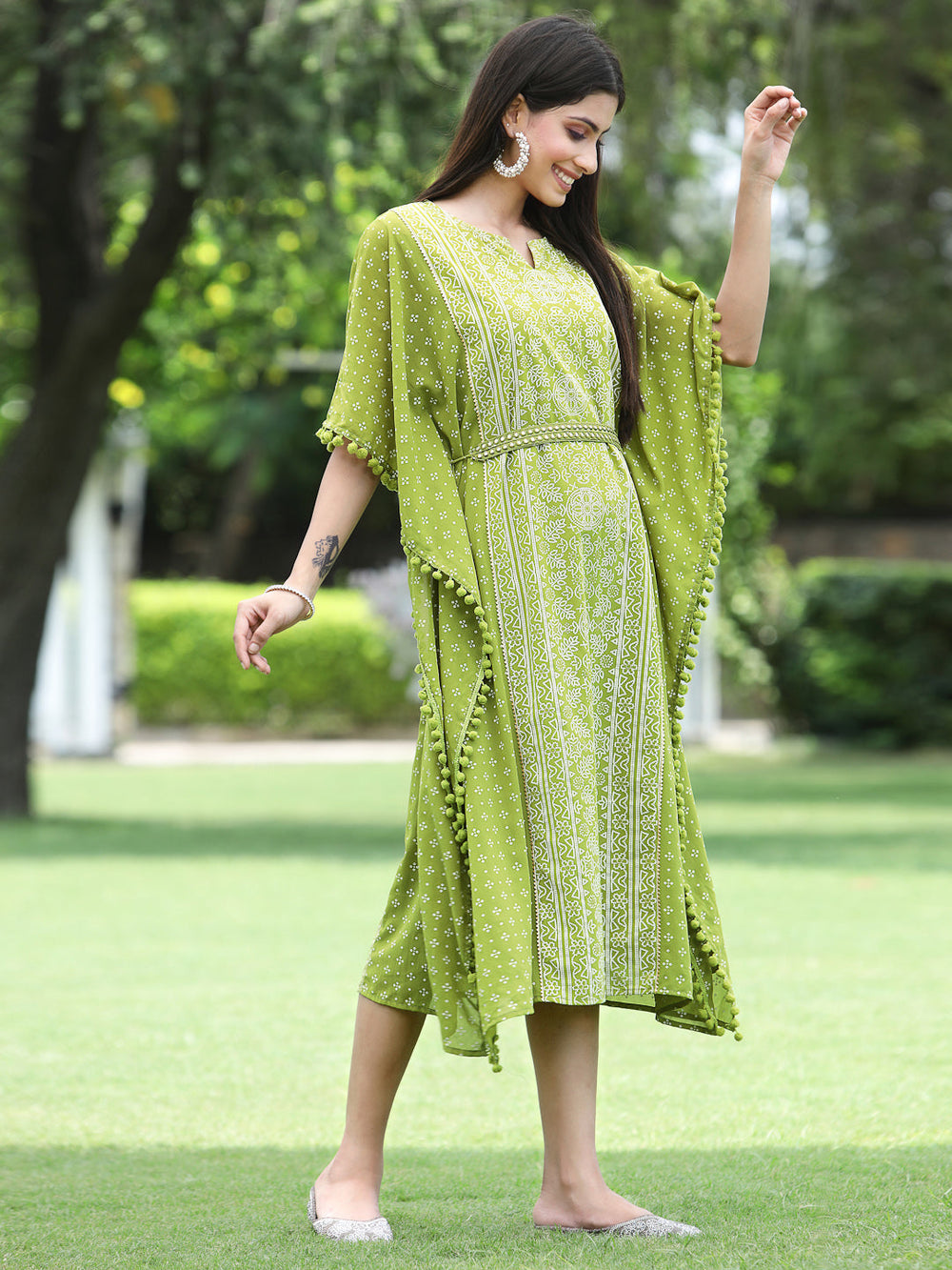 Indian Clothing Juniper Green Georgette Festive Bandhej Printed Straight Kaftan For Women | Swadesiicart