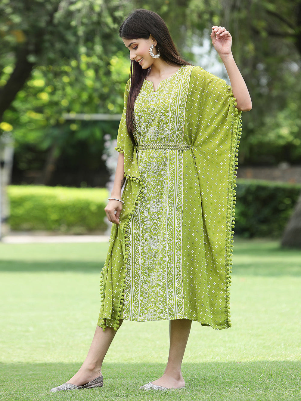 Indian Clothing Juniper Green Georgette Festive Bandhej Printed Straight Kaftan For Women | Swadesiicart