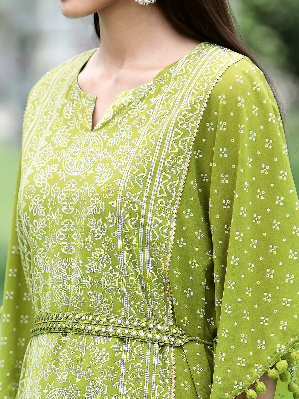 Indian Clothing Juniper Green Georgette Festive Bandhej Printed Straight Kaftan For Women | Swadesiicart
