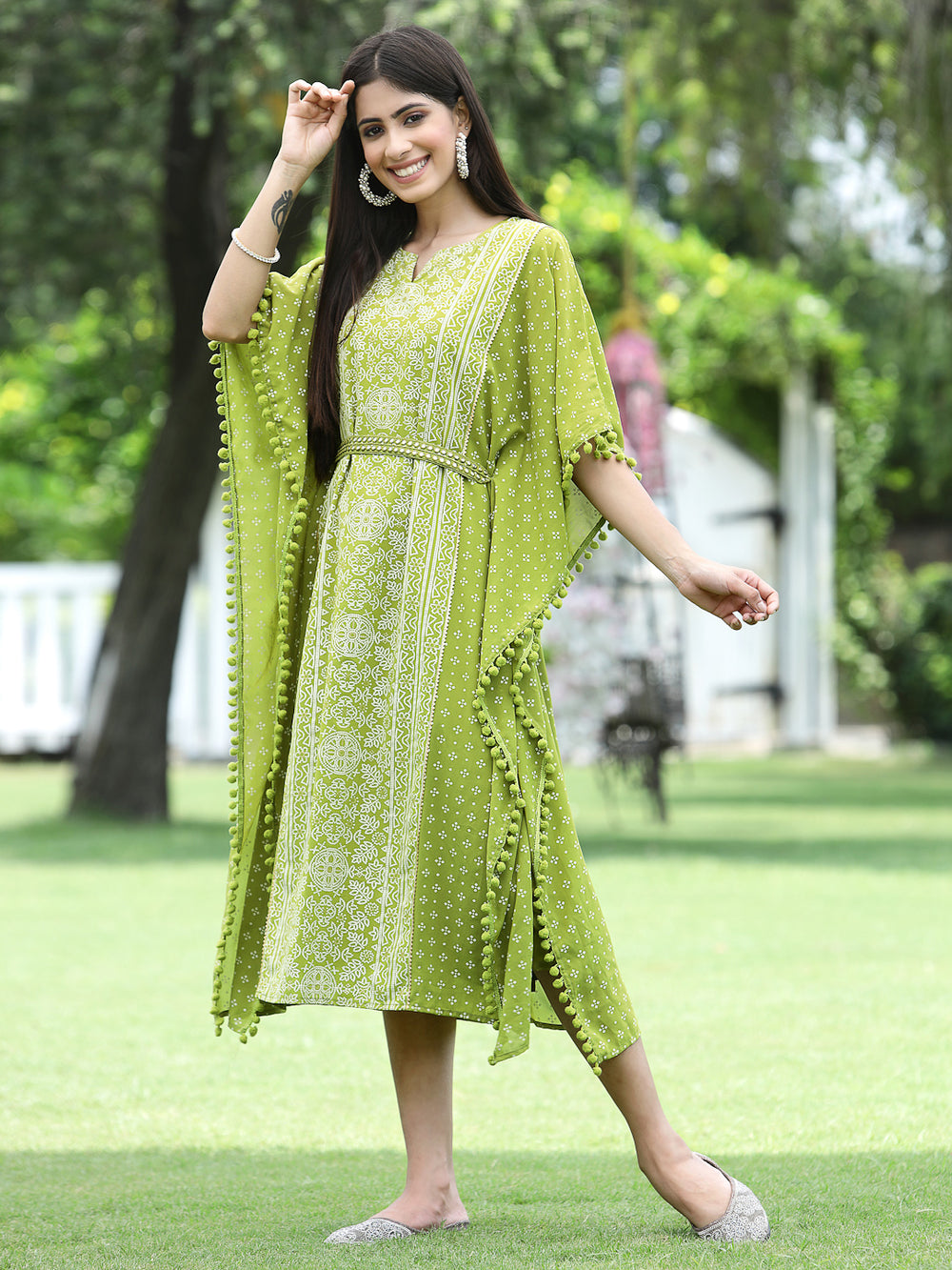Indian Clothing Juniper Green Georgette Festive Bandhej Printed Straight Kaftan For Women | Swadesiicart