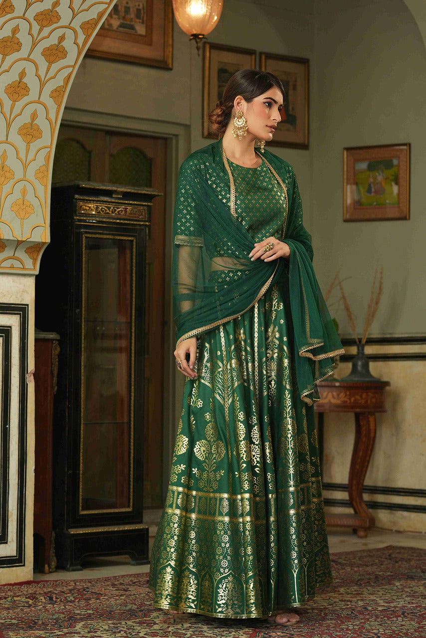 Juniper Green Santoon Slub Festive Foil Printed Straight Lehnga Choli Set For Women | Swadesiicart