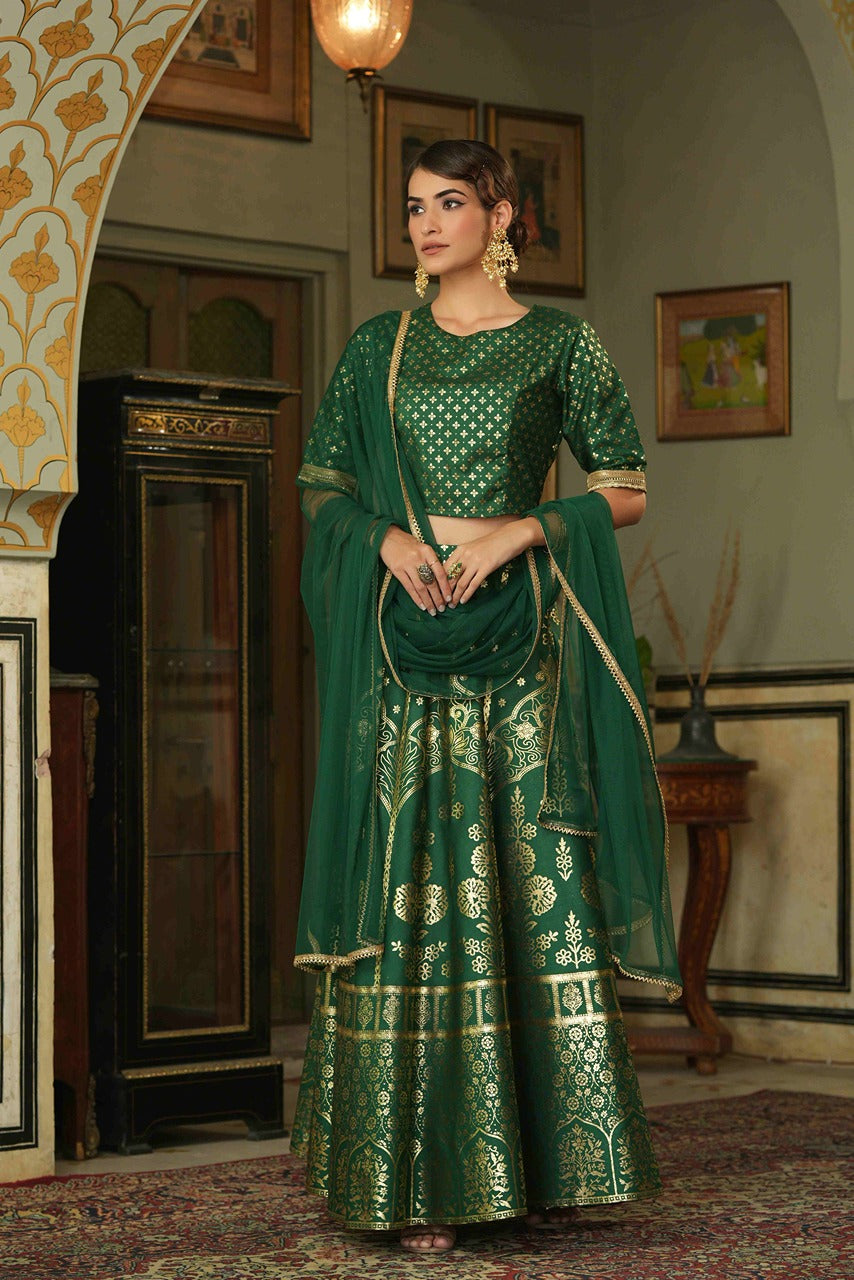Juniper Green Santoon Slub Festive Foil Printed Straight Lehnga Choli Set For Women | Swadesiicart