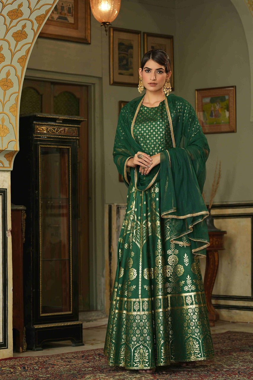 Juniper Green Santoon Slub Festive Foil Printed Straight Lehnga Choli Set For Women | Swadesiicart