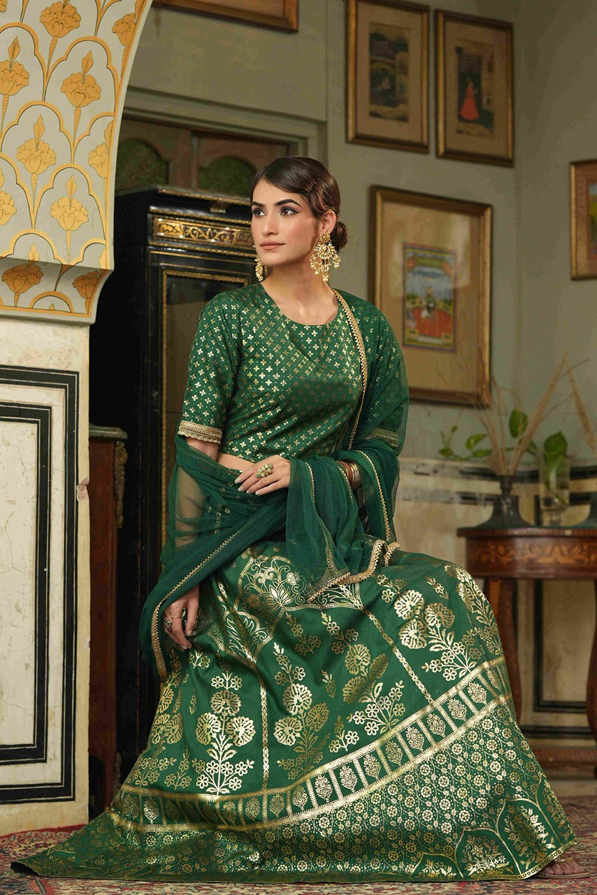 Juniper Green Santoon Slub Festive Foil Printed Straight Lehnga Choli Set For Women | Swadesiicart