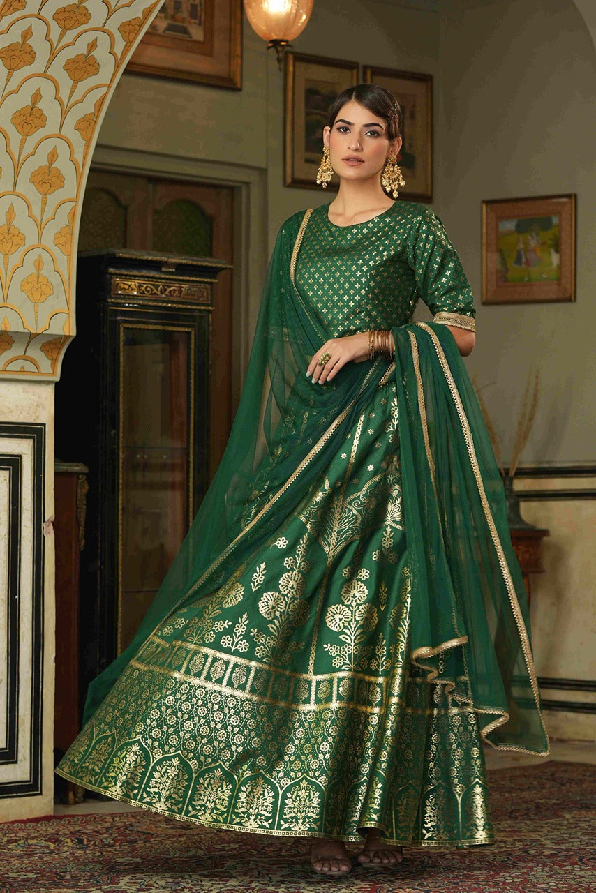Juniper Green Santoon Slub Festive Foil Printed Straight Lehnga Choli Set For Women | Swadesiicart