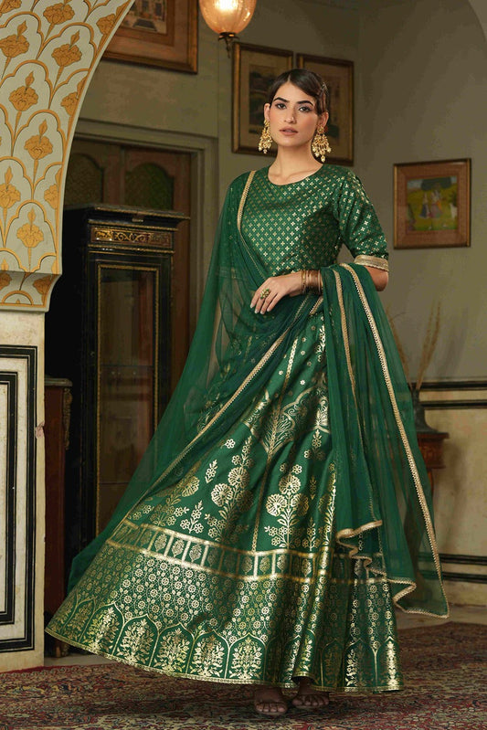 Juniper Green Santoon Slub Festive Foil Printed Straight Lehnga Choli Set For Women | Swadesiicart