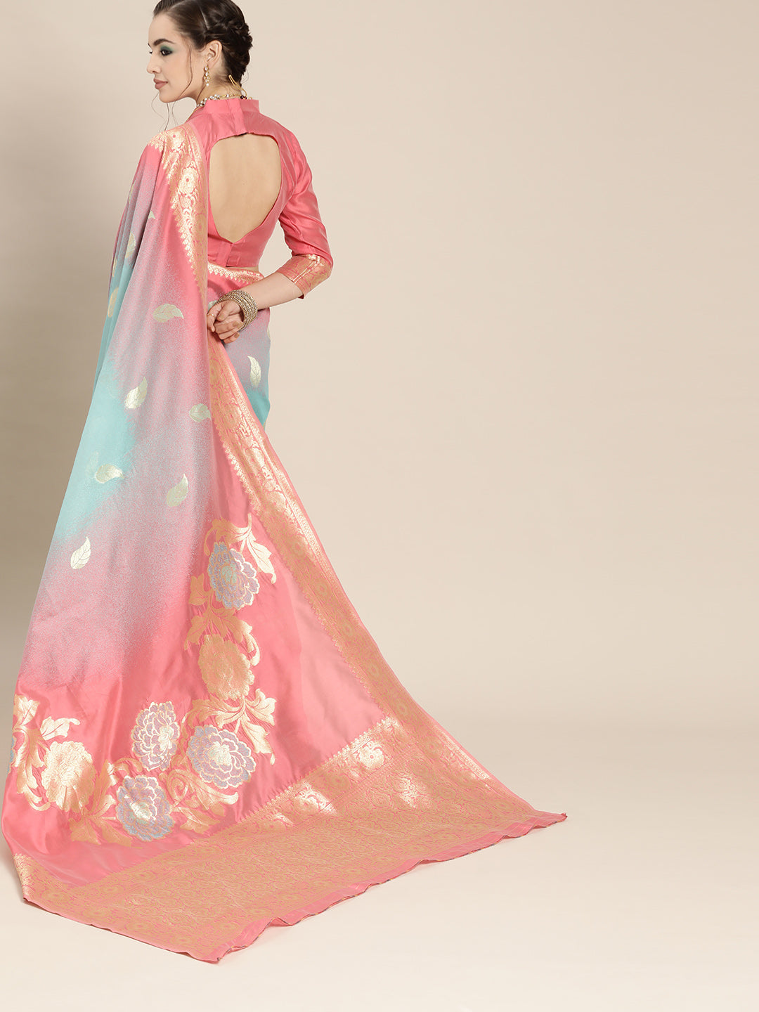 Saree Mall Pink & Blue Floral Dyed Banarasi Saree | Swadesiicart