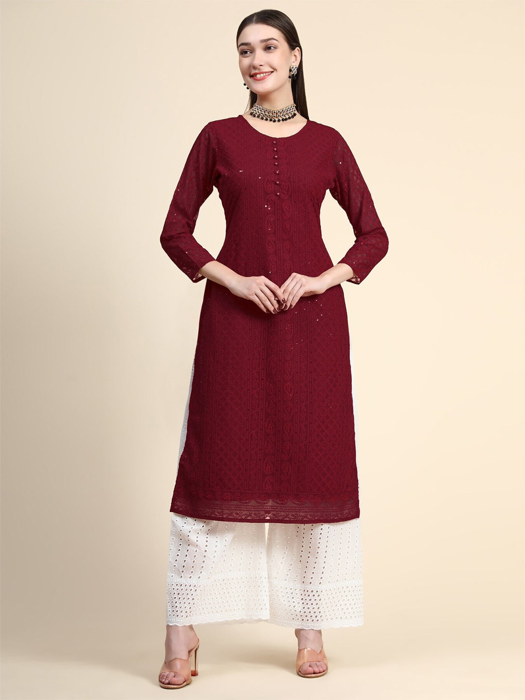 Kalini Paisley Embroidered Chikankari Georgette Straight Regular Kurta | Swadesiicart