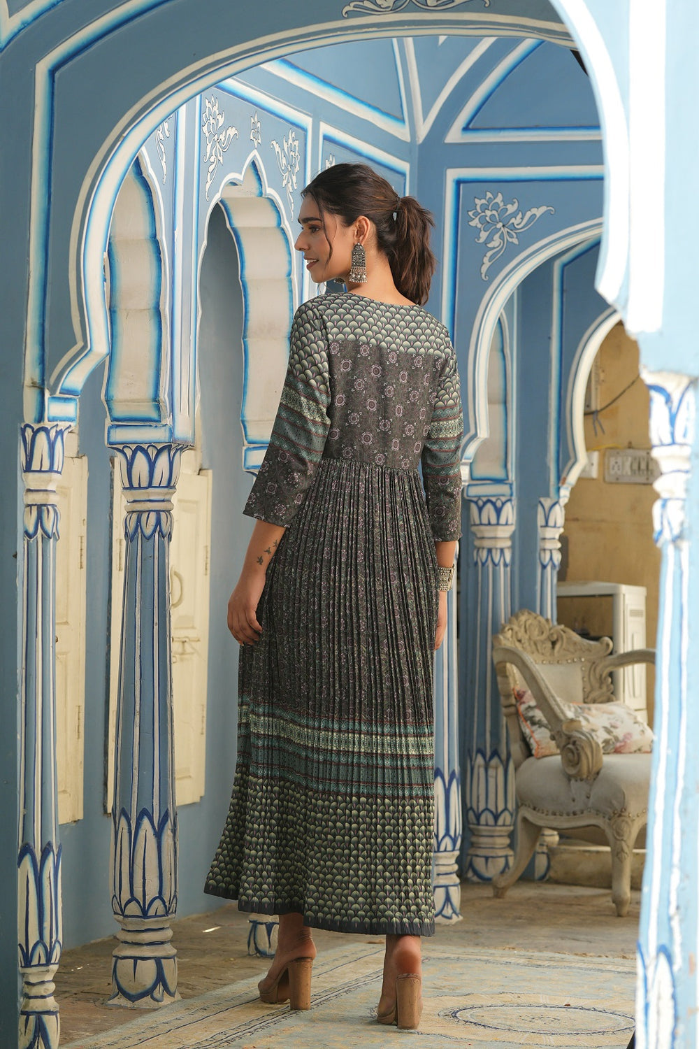 Juniper Bottle Green Muslin Festive Printed Flared Dress For Women | Swadesiicart