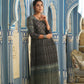 Juniper Bottle Green Muslin Festive Printed Flared Dress For Women | Swadesiicart