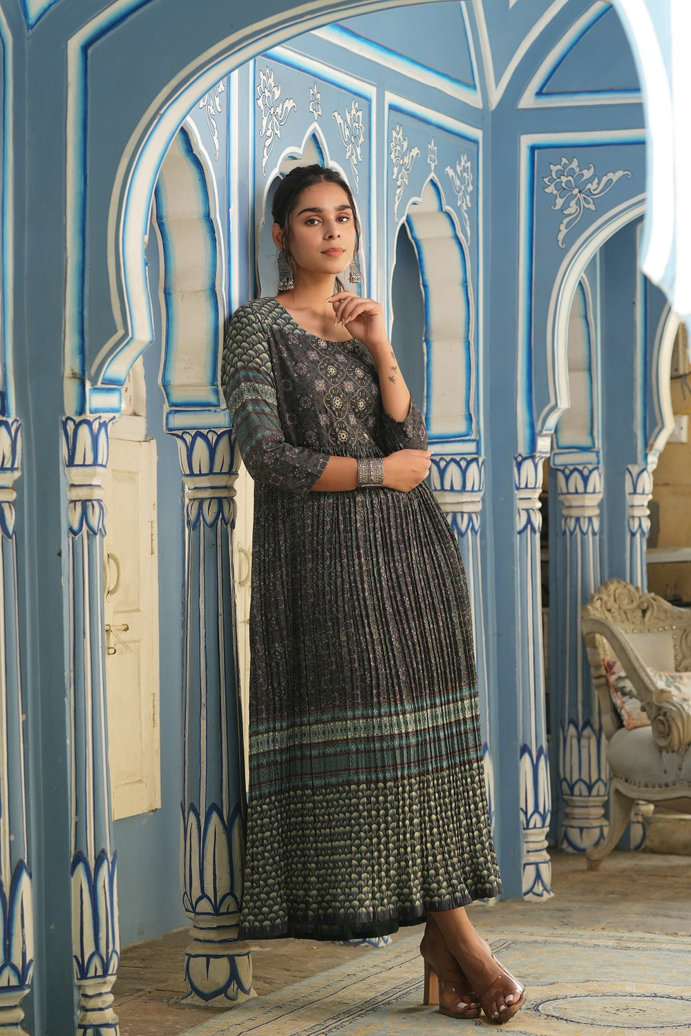 Juniper Bottle Green Muslin Festive Printed Flared Dress For Women | Swadesiicart