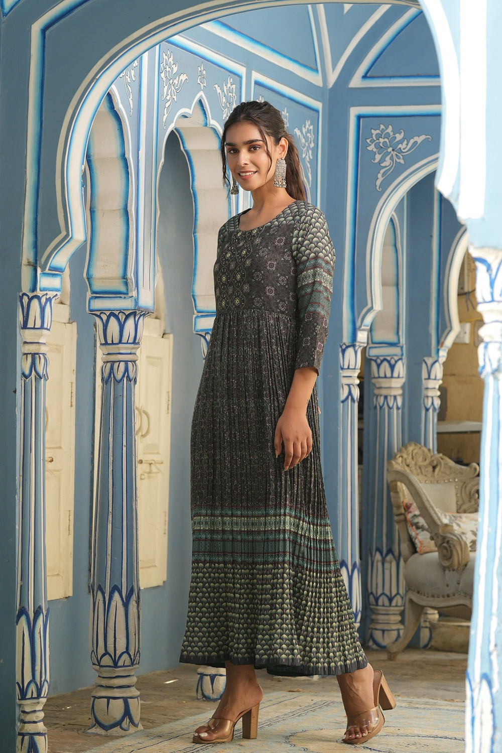 Juniper Bottle Green Muslin Festive Printed Flared Dress For Women | Swadesiicart