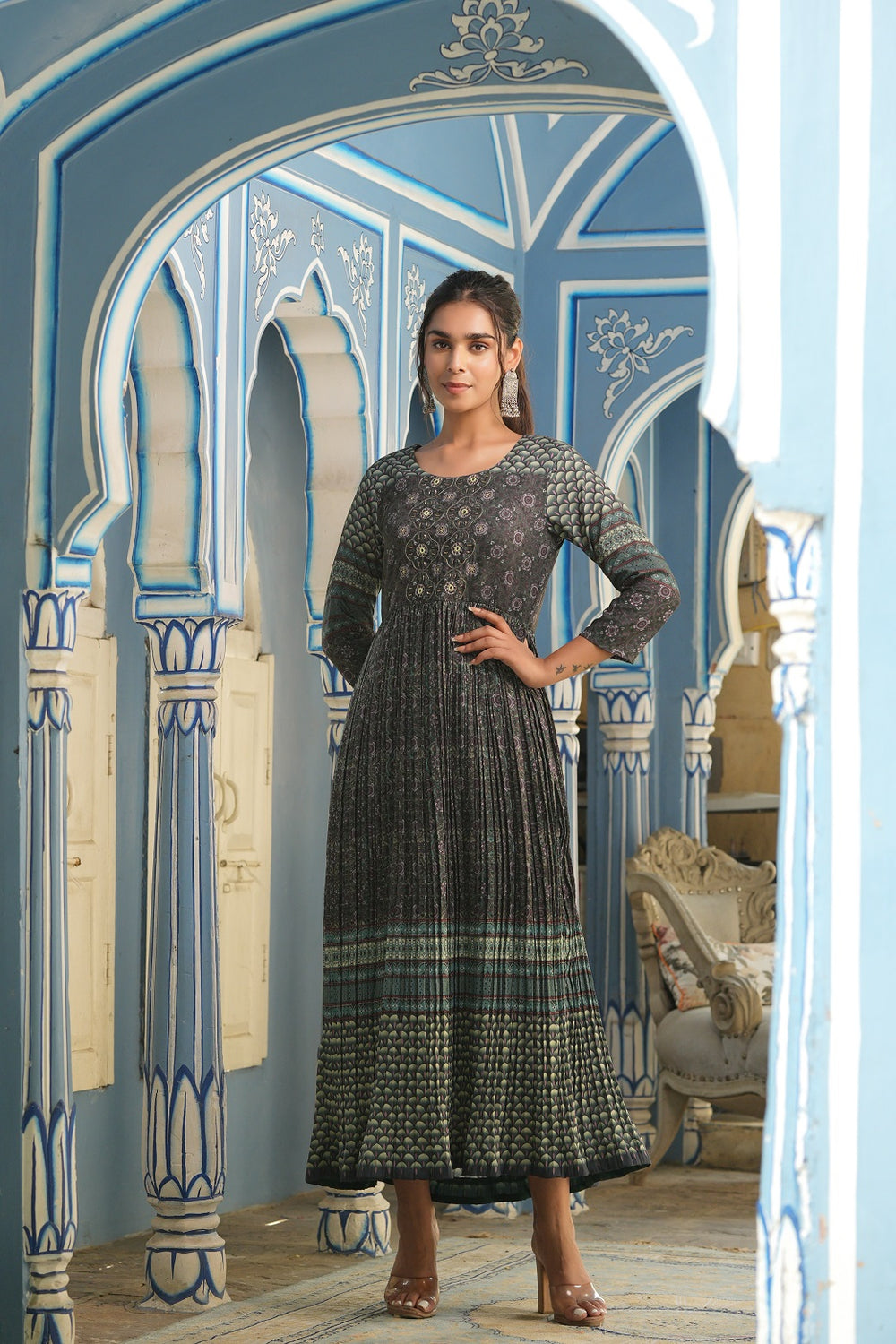 Juniper Bottle Green Muslin Festive Printed Flared Dress For Women | Swadesiicart