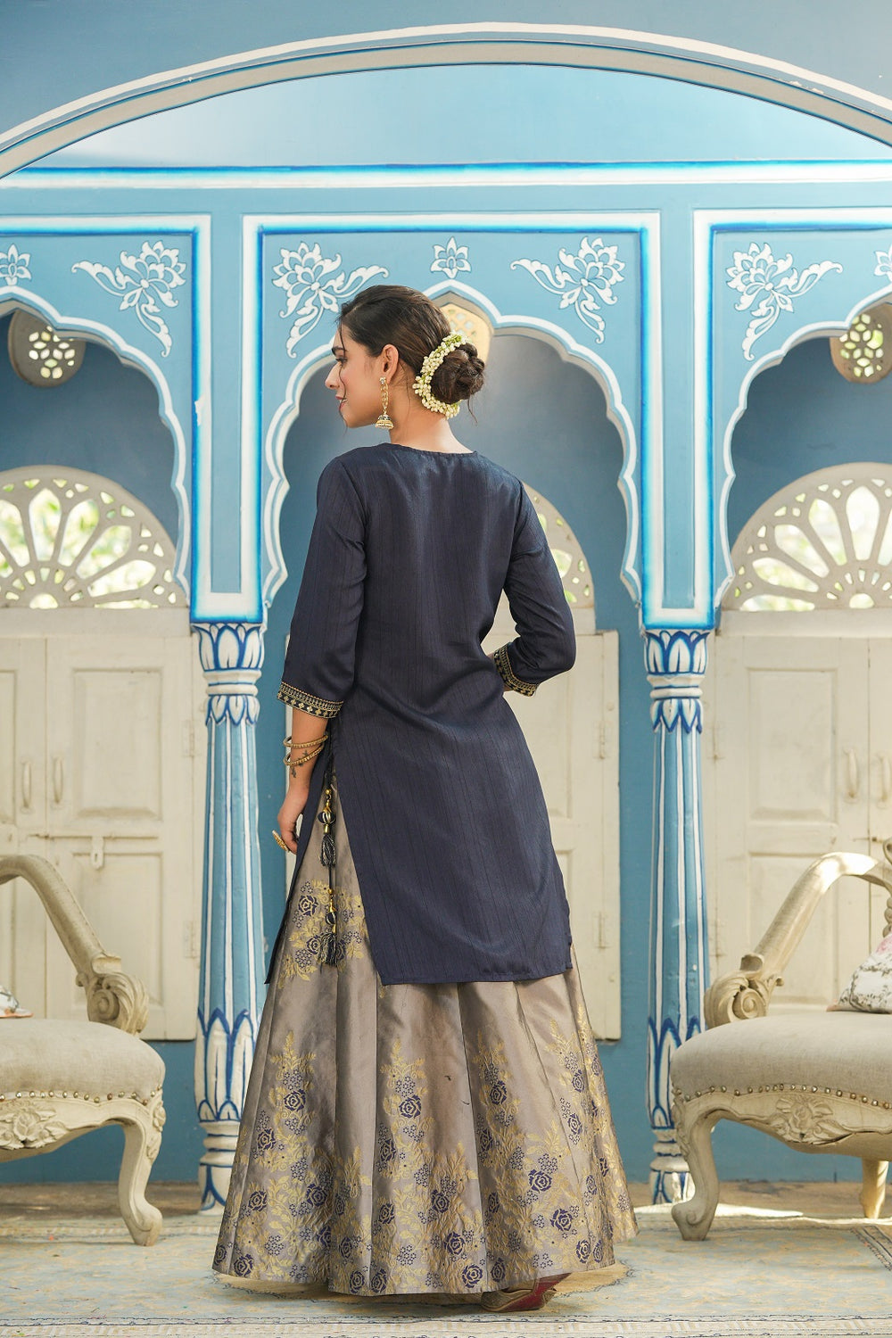 Juniper Women's Blue Solid Kurta Printed Brocade Skirt Festive Wear Lehenga Choli Sets | Swadesiicart