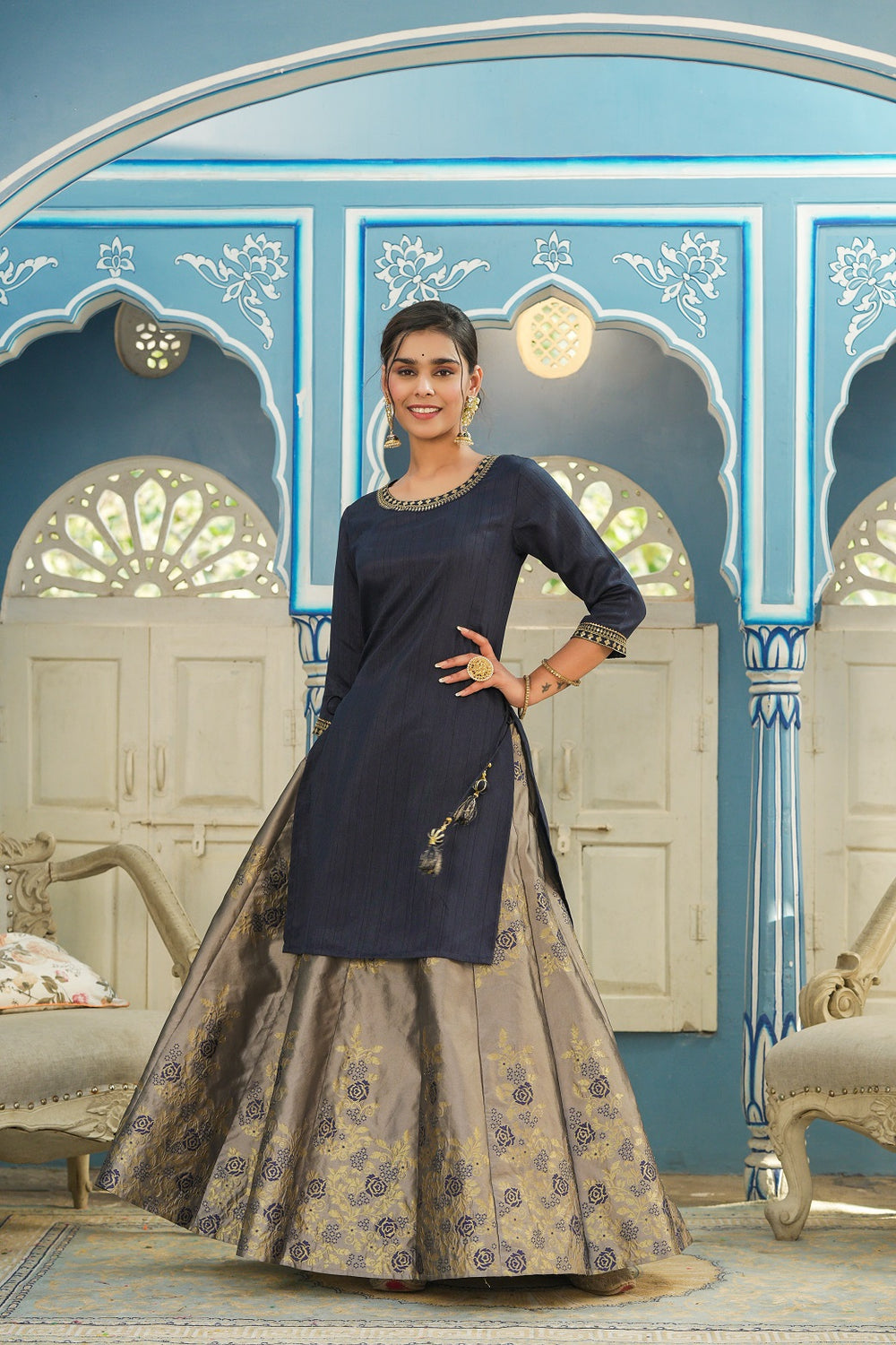 Juniper Women's Blue Solid Kurta Printed Brocade Skirt Festive Wear Lehenga Choli Sets | Swadesiicart