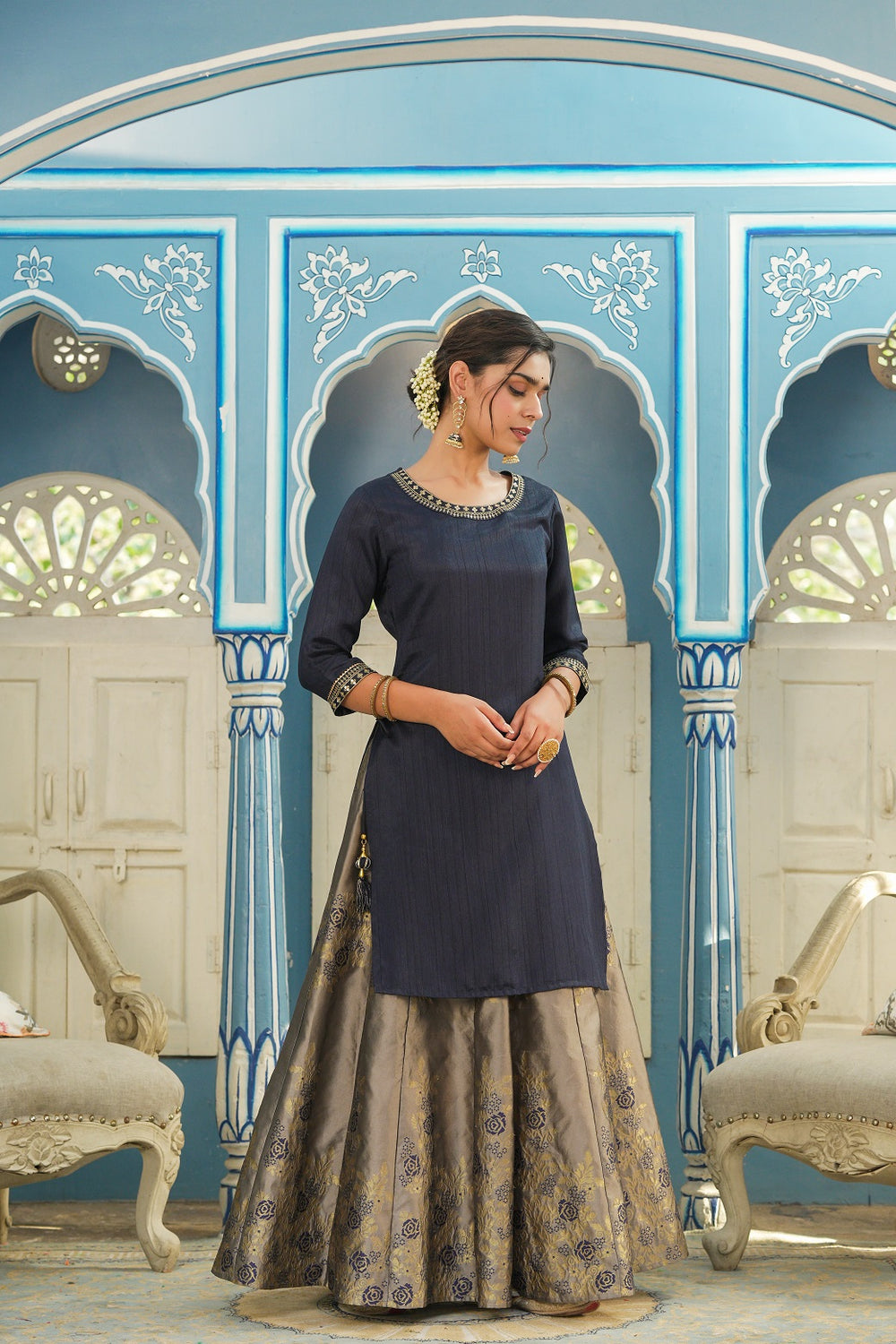Juniper Women's Blue Solid Kurta Printed Brocade Skirt Festive Wear Lehenga Choli Sets | Swadesiicart