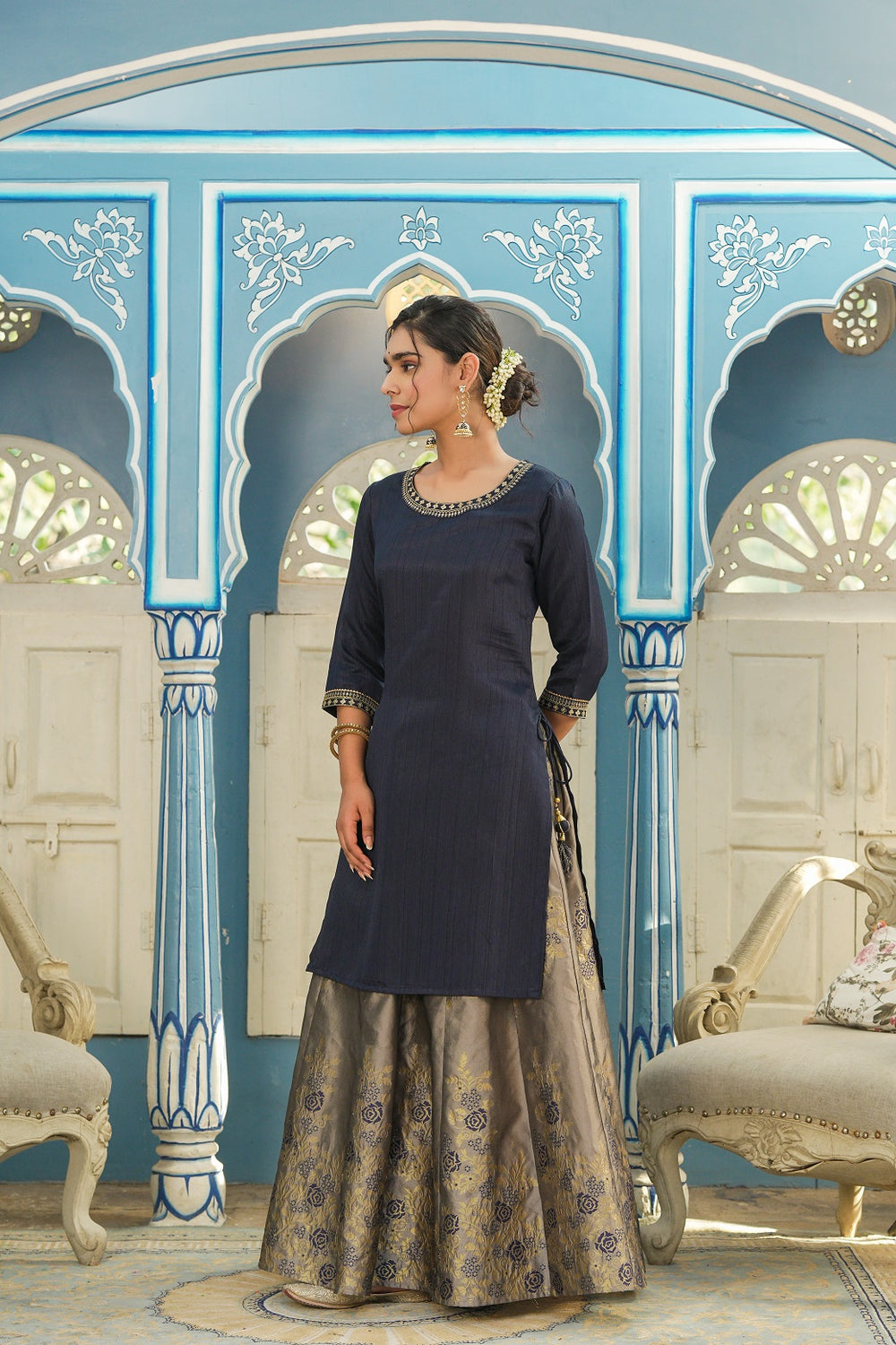 Juniper Women's Blue Solid Kurta Printed Brocade Skirt Festive Wear Lehenga Choli Sets | Swadesiicart