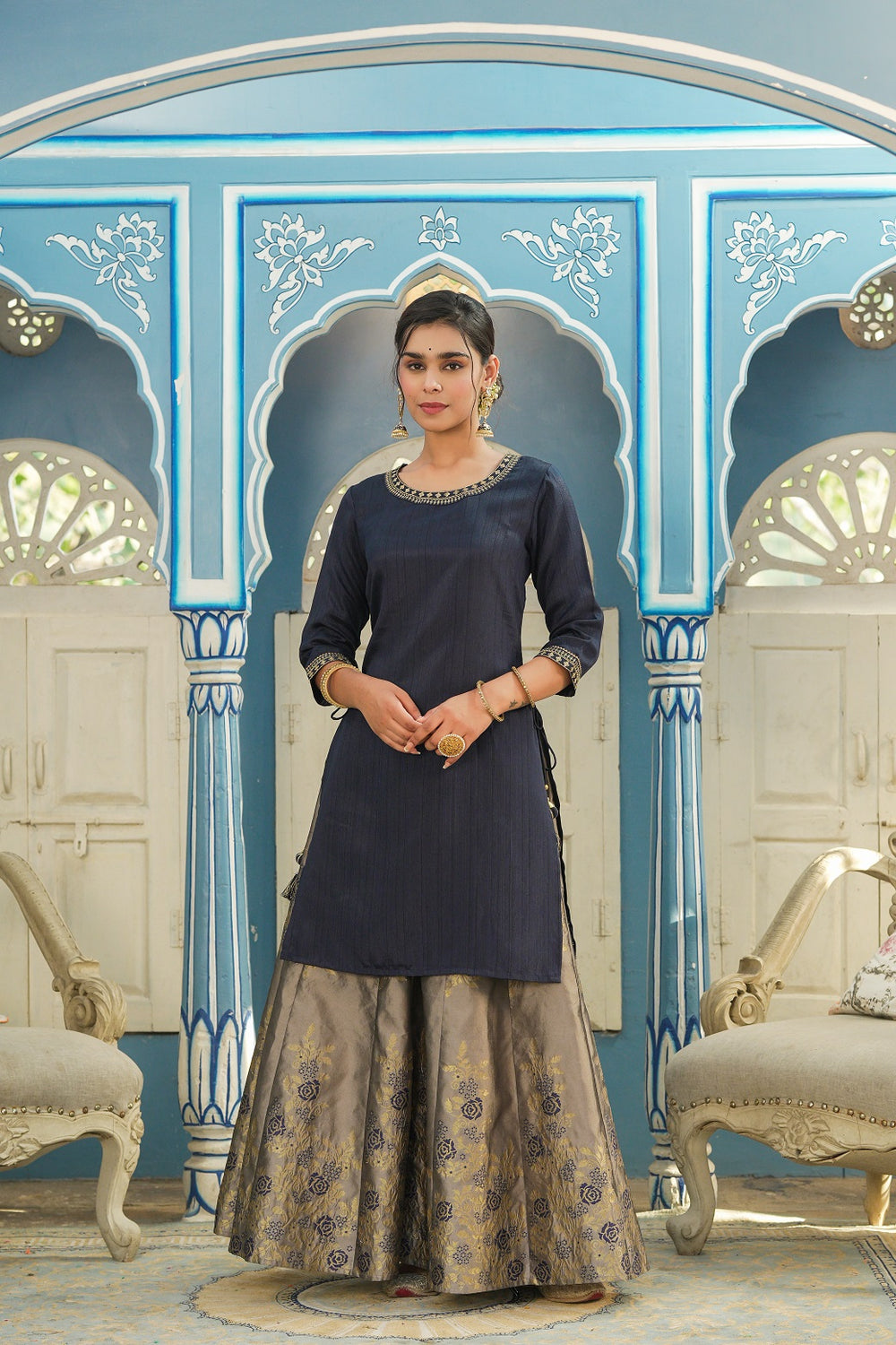 Juniper Women's Blue Solid Kurta Printed Brocade Skirt Festive Wear Lehenga Choli Sets | Swadesiicart
