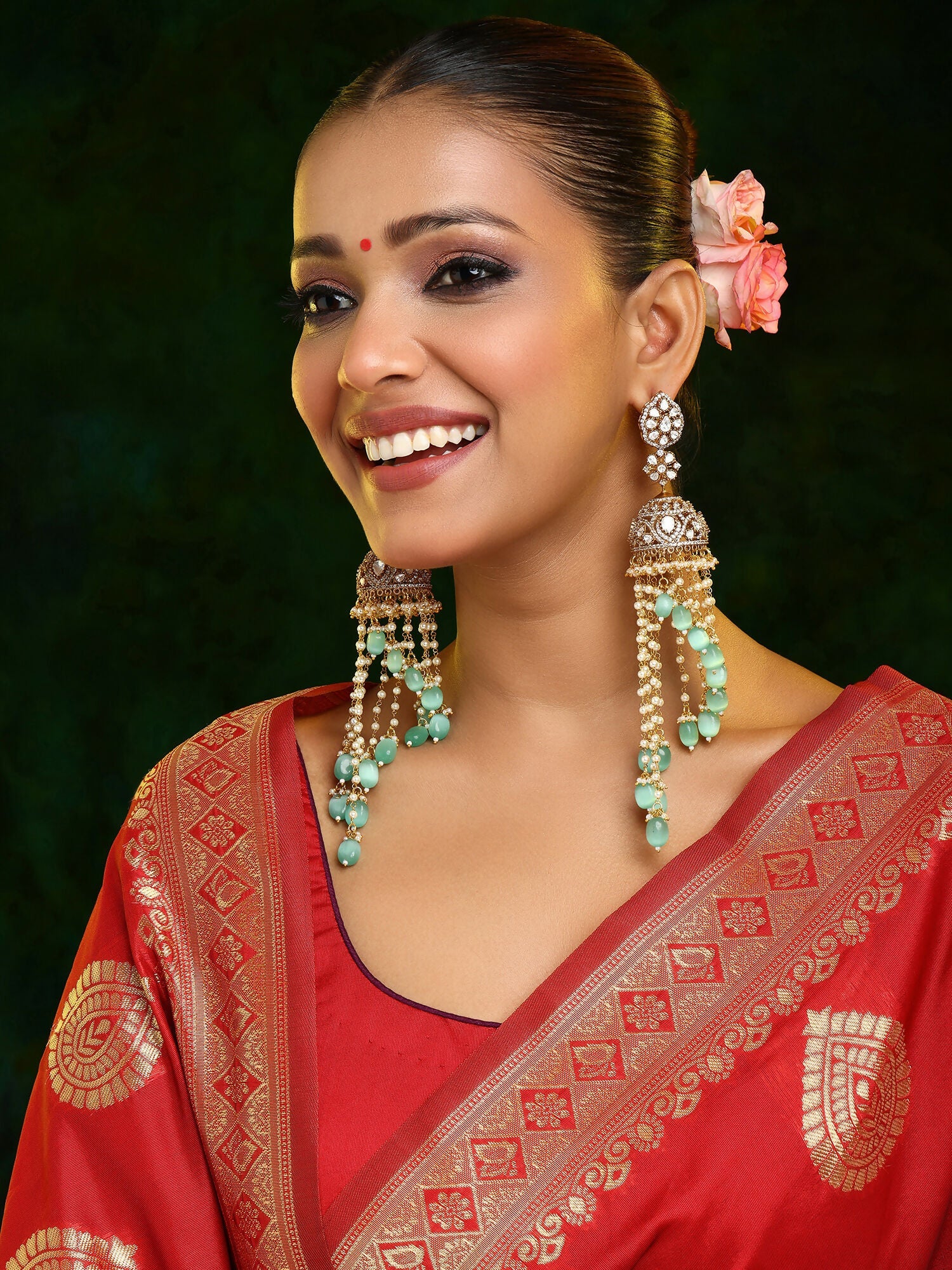 Ruby Raang 22k Gold Polished Diamond And Stone Jhumka Earrings | Swadesiicart