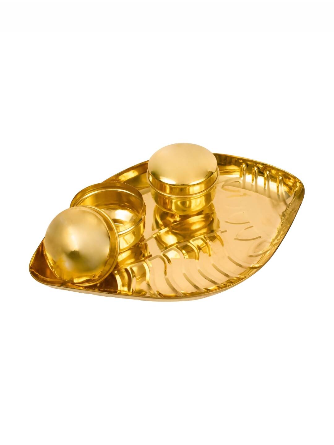Spillbox Gold-toned Textured Brass Sangu Thali With 2 Pieces Bowl Pooja Essential | Swadesiicart