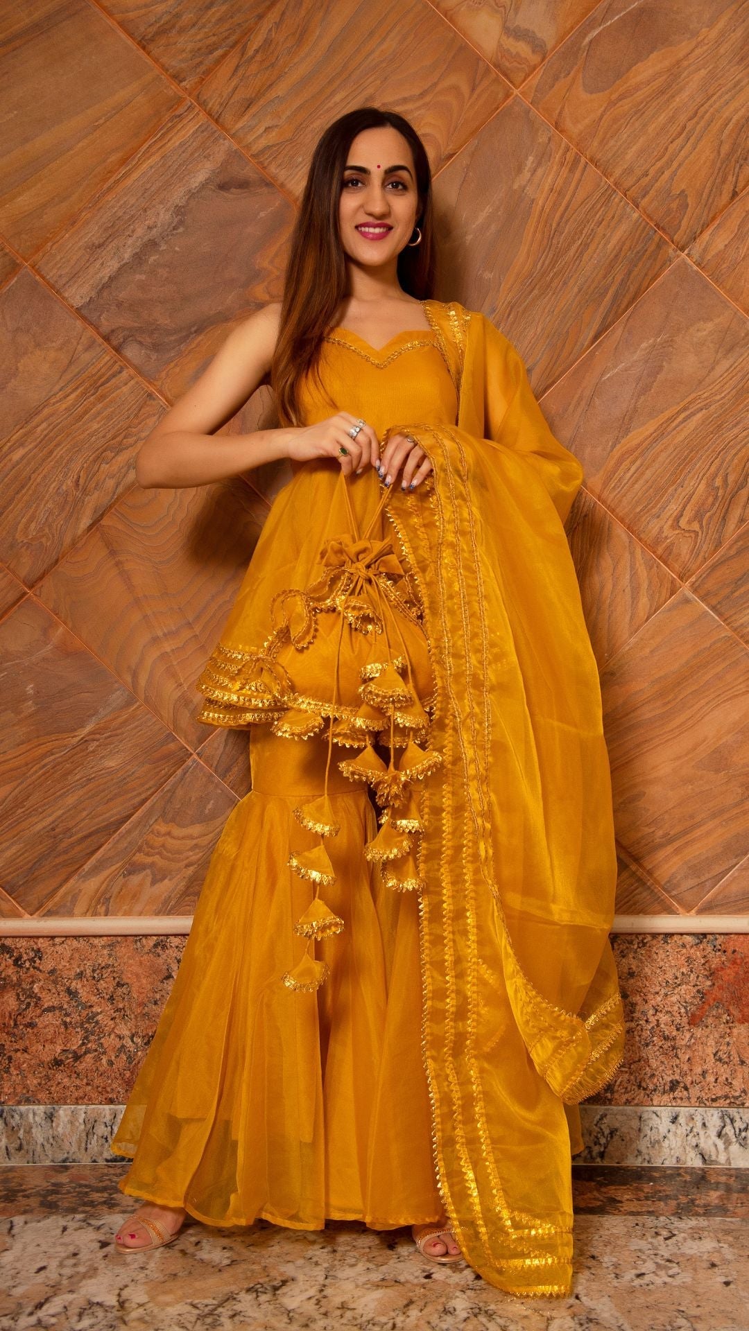 Pomcha Jaipur Murat Mustard Organza Sharara Set | Swadesiicart