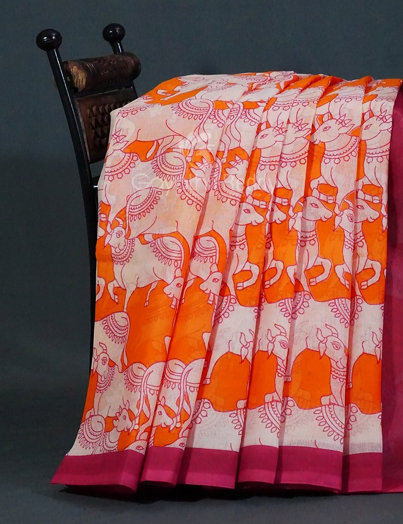 Shades of Orange And Pink With Pichwai Print Munga Cotton Saree By Gayathri Reddy Designer Studio | Swadesiicart