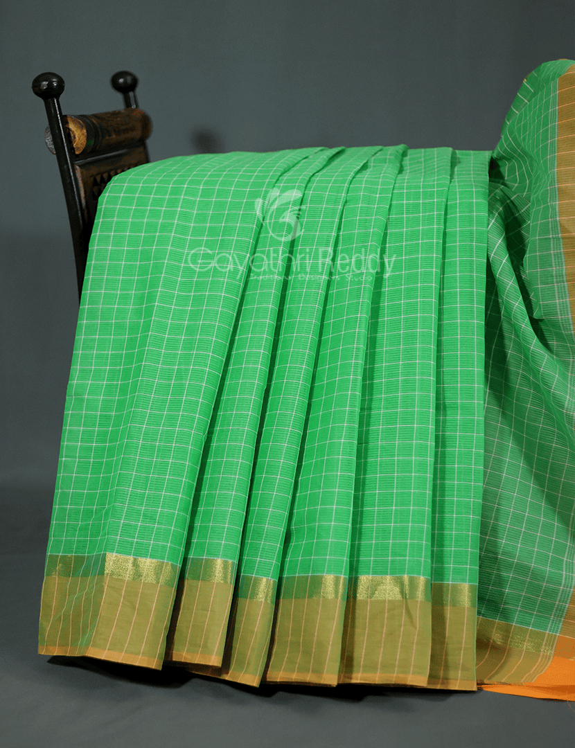 Light Green With Checks Pure Mangalgiri Cotton Saree By Gayathri Reddy Designer Studio | Swadesiicart
