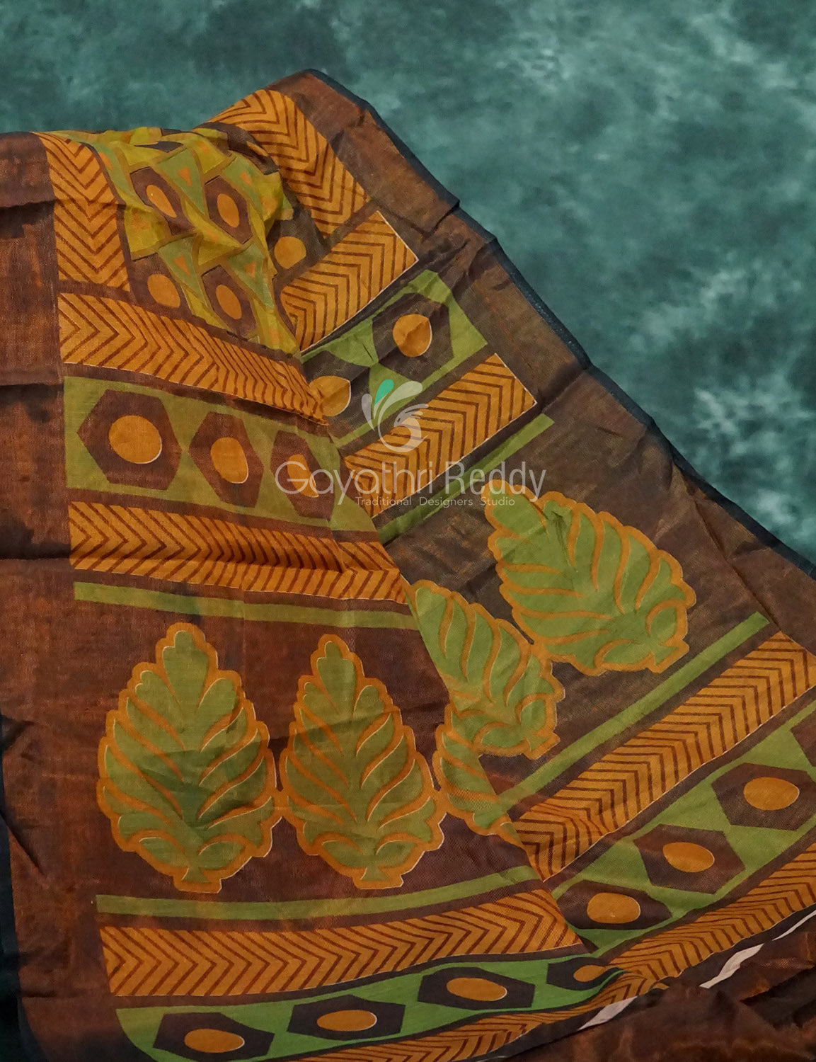 Henna Green And Henna Brown Coloured Geometrical Print Semi Chanderi Saree By Gayathri Reddy Designer Studio | Swadesiicart