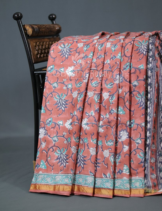 Pastel Chikoo Coloured Combination Printed Cotton Saree By Gayathri Reddy Designer Studio | Swadesiicart