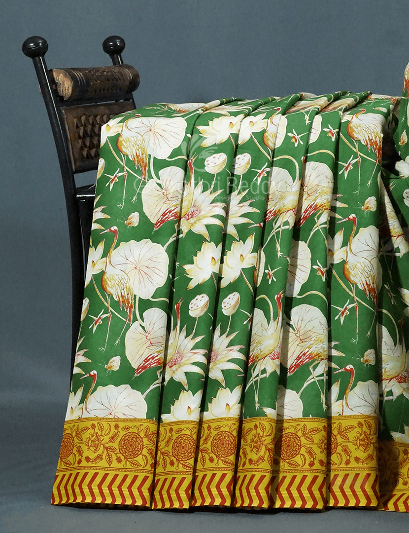 Block Print Mango Green Coloured Mulmul Cotton Saree By Gayathri Reddy Designer Studio | Swadesiicart