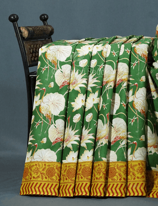 Block Print Mango Green Coloured Mulmul Cotton Saree By Gayathri Reddy Designer Studio | Swadesiicart
