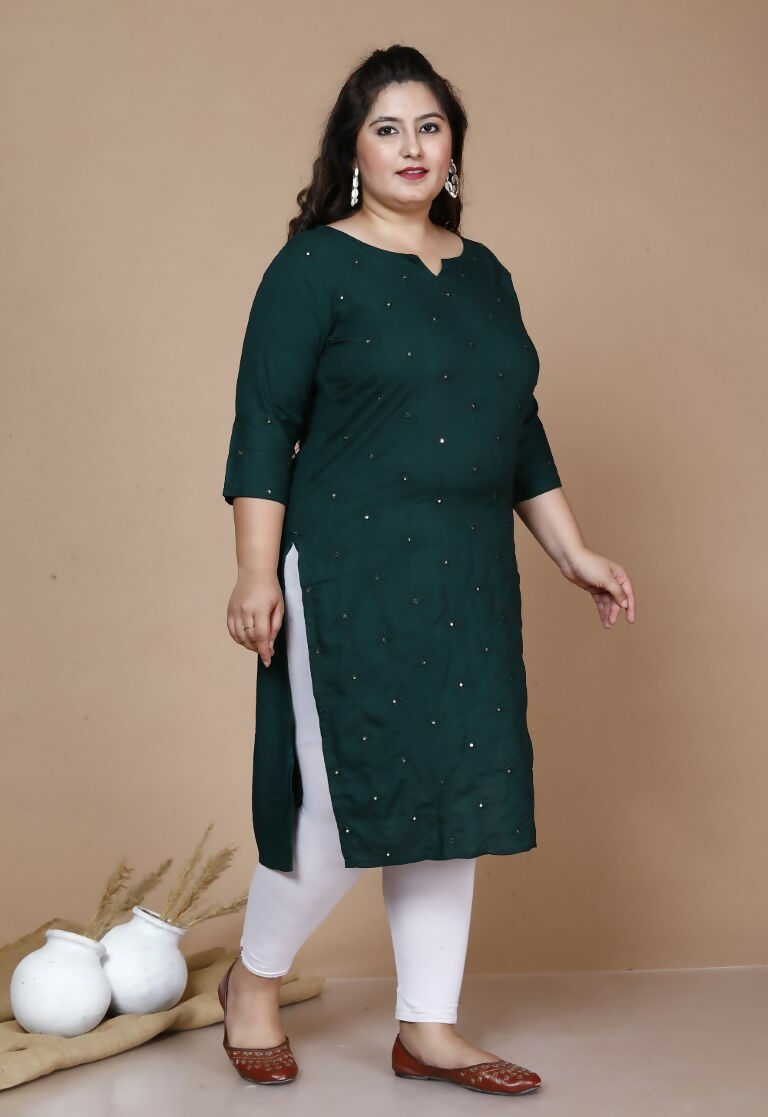 Miravan Women's Plus Size Green Embroidered Straight Kurti - Swadesiicart