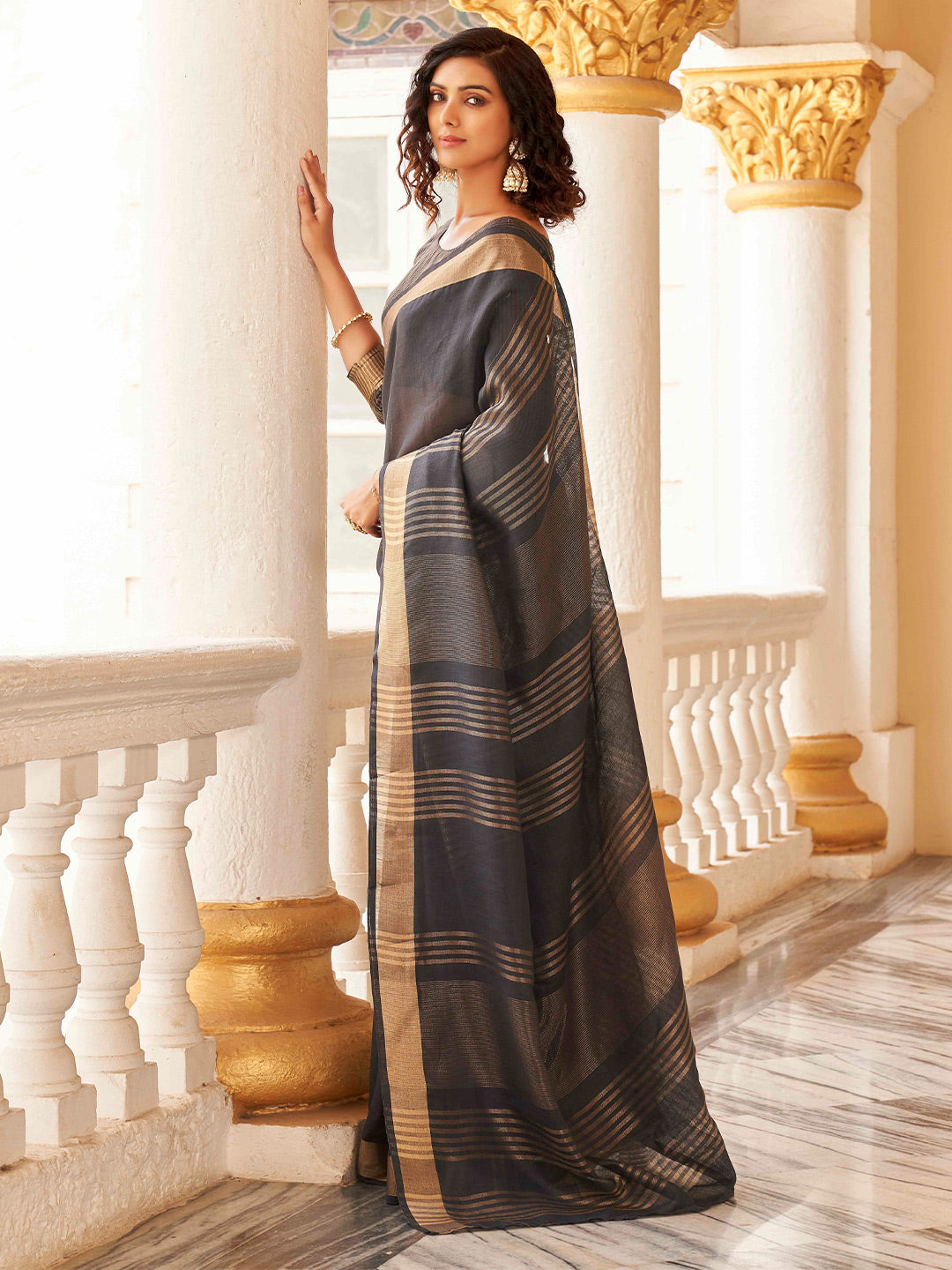 Tikhi Imli Charcoal & Gold-Toned Polycotton Zari Ready to Wear Saree | Swadesiicart