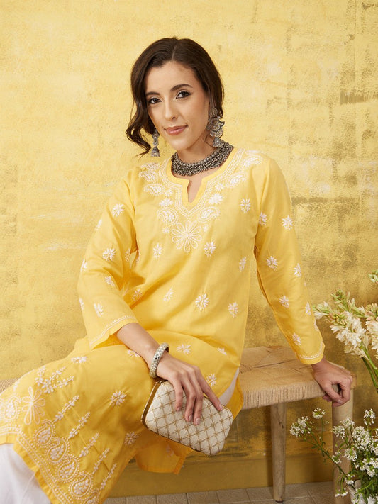 ADA Women Yellow & White Chikankari Embroidered Straight Sustainable Handloom Kurta | Swadesiicart