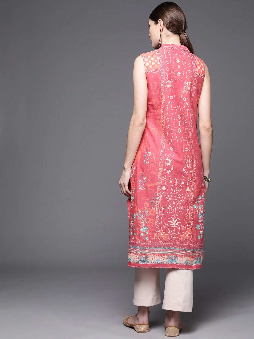Biba Women Pink Pure Cotton Ethnic Motifs Printed V-Neck Sleeveless Kurta - Swadesiicart