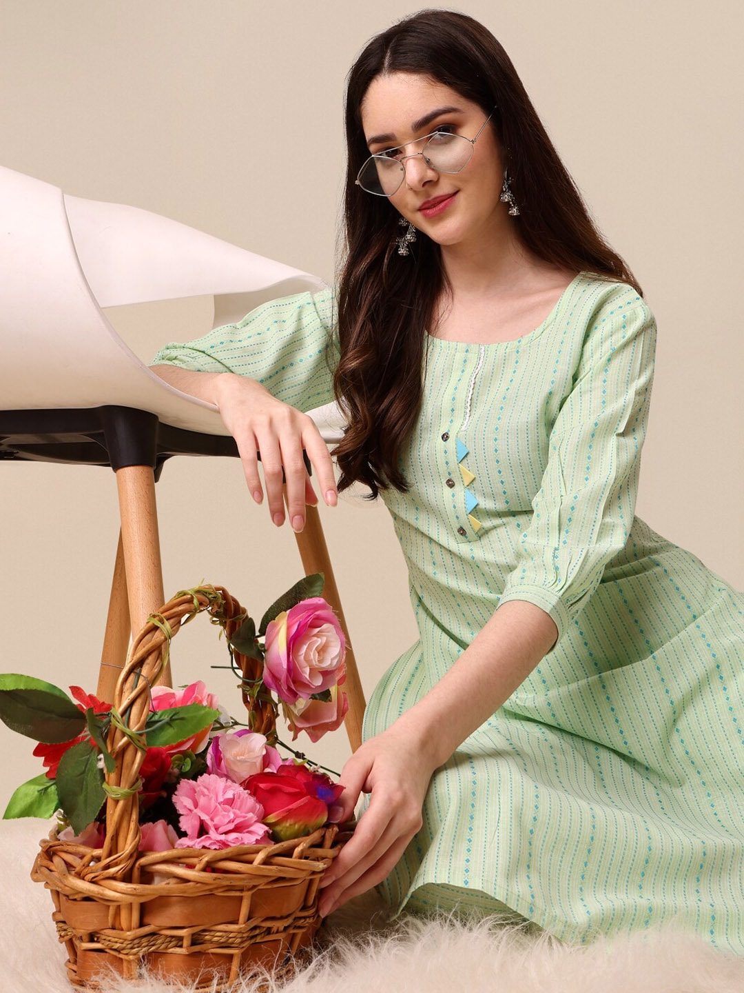 Kalini Striped Puff Sleeves Kurta with Trousers - Swadesiicart