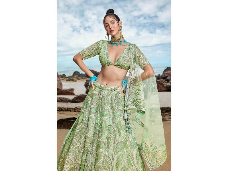 House of Panchhi Lime green Net Multi Sequins with heavy Zarkan embroidery Lehenga choli & Dupatta | Swadesiicart