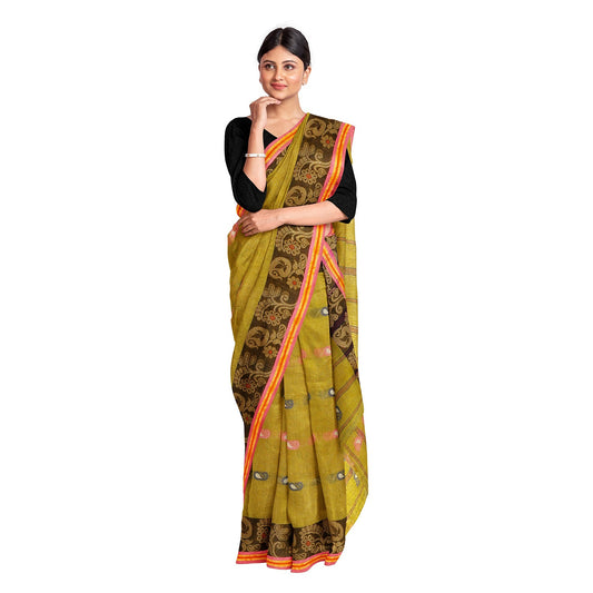 Exclusive Collection 100% Pure Cotton Olive Tant Saree With Hand Weaving Work - Swadesiicart